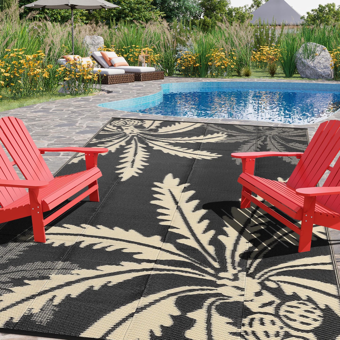 Garvee Waterproof Outdoor Rug 5x8 for Patio, Reversible Modern Area Rug, Large Plastic Straw Mat for Camping, RV, Porch, Backyard, Deck, Picnic, Beach, Black & Brown