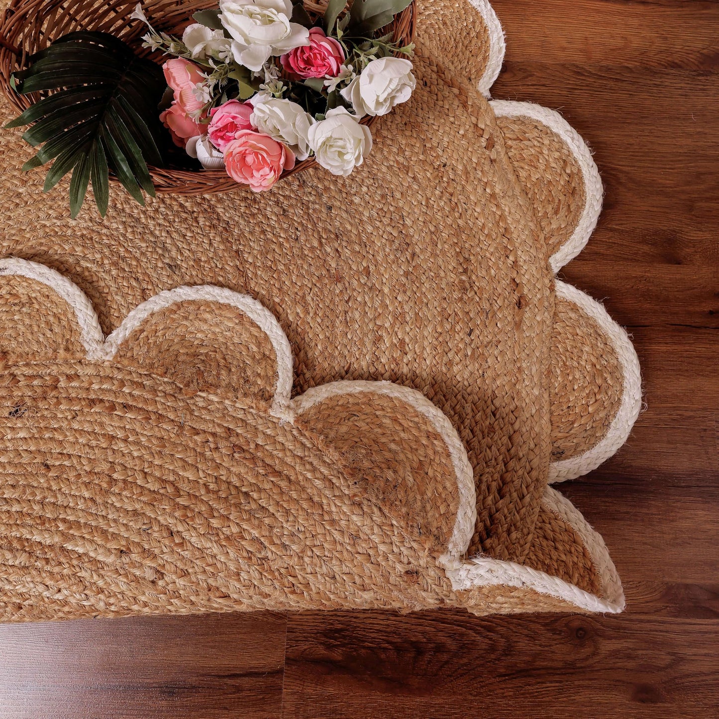 RUGSWEAVE Jute Braided Area Rug - 4'x4' Round Vintage Farmhouse Rug, Handmade Circle Boho Area Rug for Living Room, Bedroom, Natural x White Trim