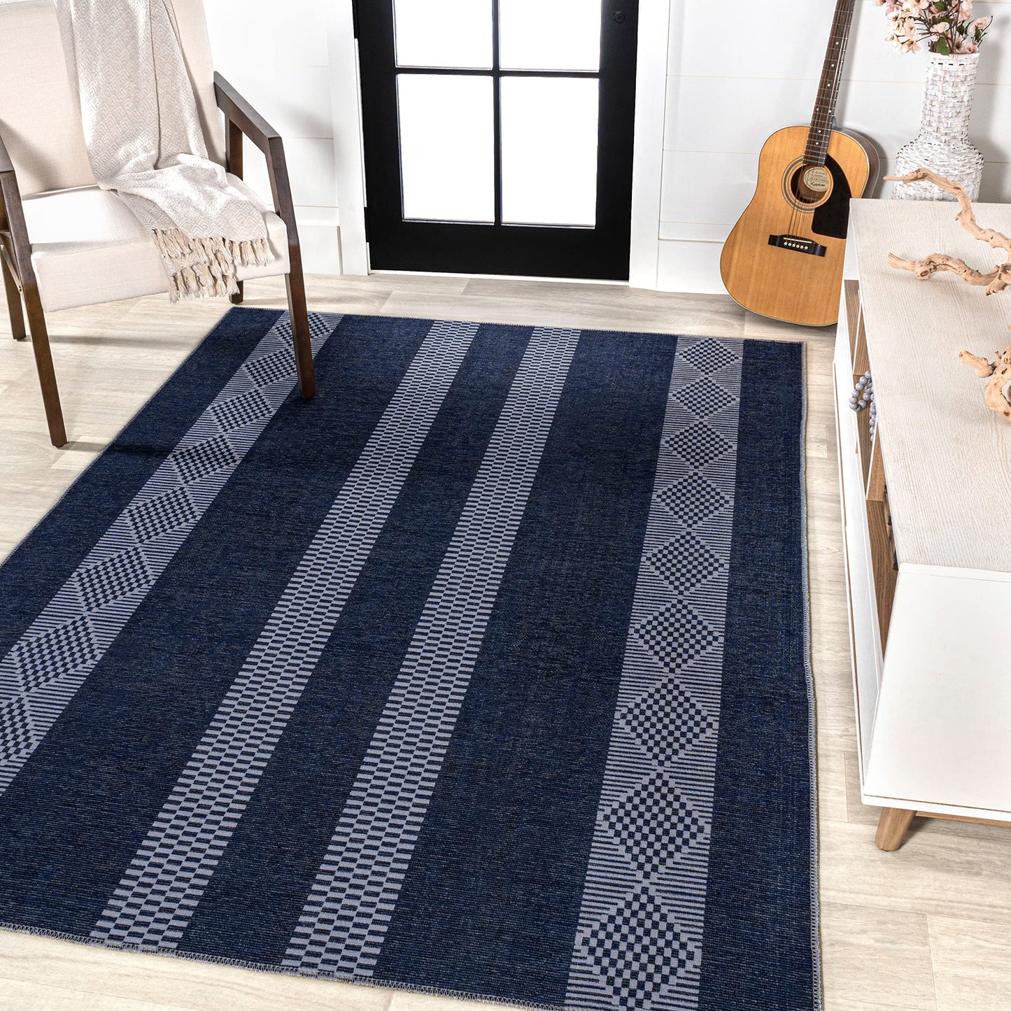 JONATHAN Y Machine Washable Navy/Gray Indoor Area Rug 4X6 ft, Nautisk Trellis Stripe for Living Room, Bedroom, Kitchen, Office, Easy-Cleaning, High Traffic, Pet-Friendly, Non-Shedding (WSH120A-4)