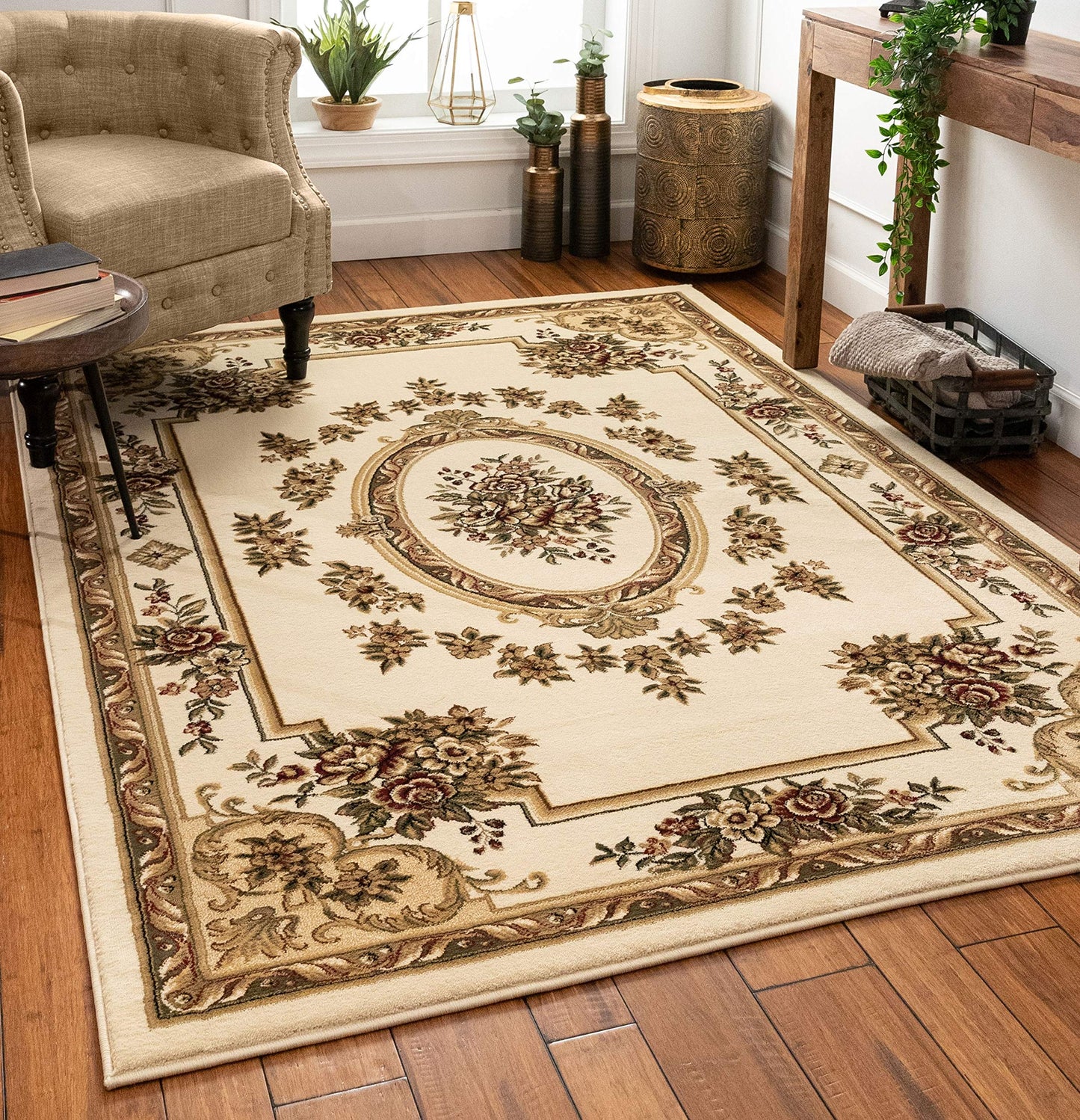 Well Woven Pastoral Medallion Ivory French European Formal Traditional (5'3" x 7'3") Area Rug Easy to Clean Stain/Fade Resistant Shed Free Contemporary Floral Thick Soft Plush Living Dining Room Rug