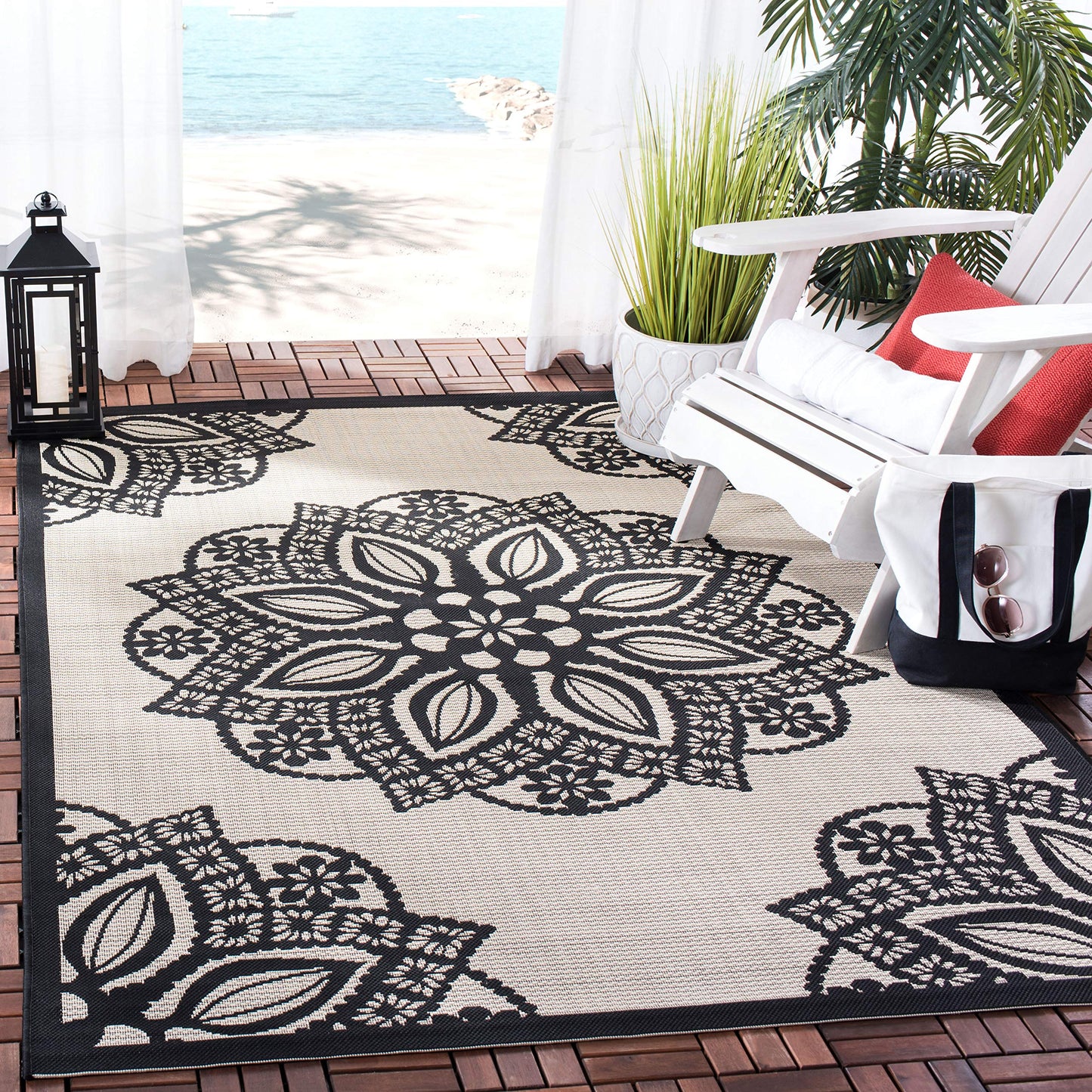 SAFAVIEH Courtyard Collection CY6139 Indoor/ Outdoor Non-Shedding Easy Patio Backyard Porch Deck Mudroom Accent Area, 4' x 5'7", Beige / Black