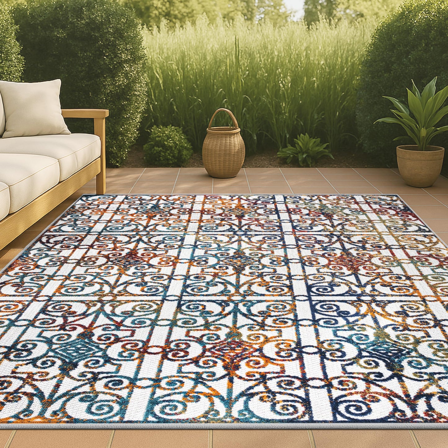 JONATHAN Y Ornate Trellis Indoor Outdoor Area Rug 3X5 Cream/Blue/Orange, Cetara for Backyard, Patio, Porch, Easy-Cleaning, High Traffic, Pet-Friendly, Non-Shedding (AMC111A-3)