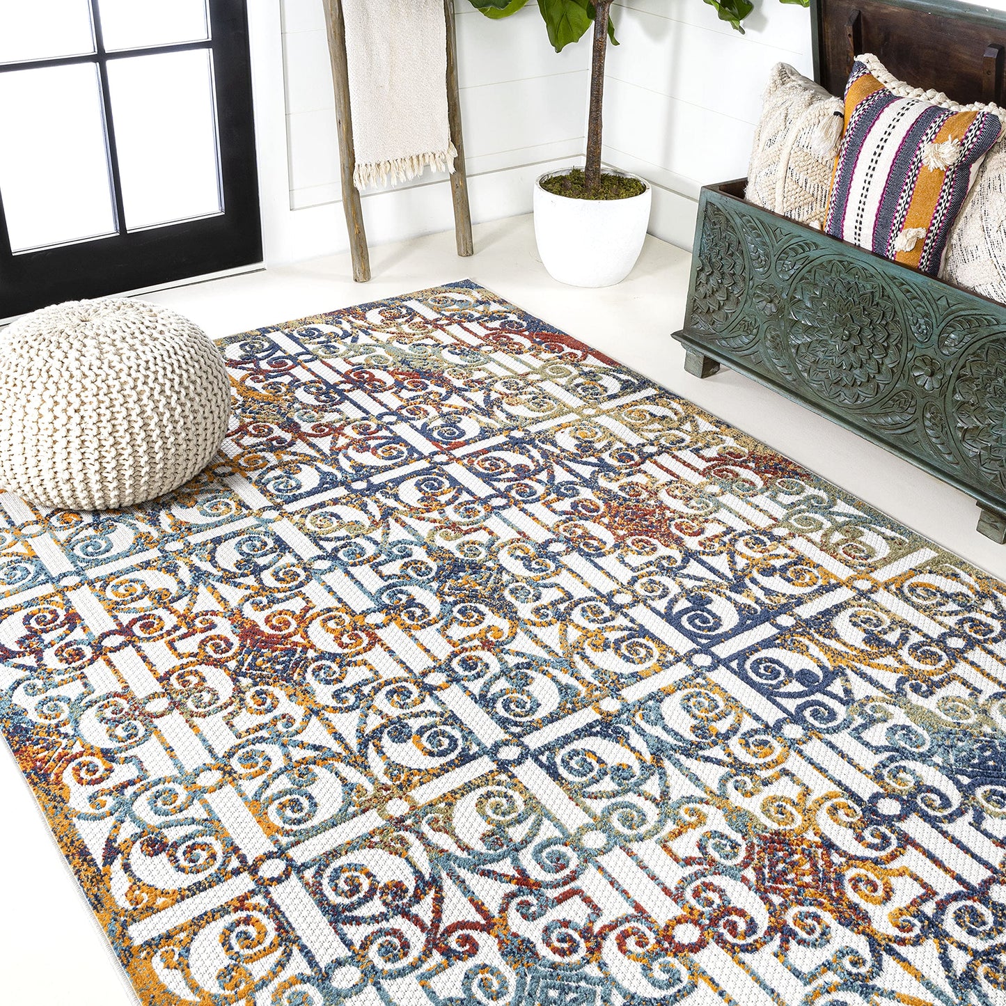 JONATHAN Y Ornate Trellis Indoor Outdoor Area Rug 3X5 Cream/Blue/Orange, Cetara for Backyard, Patio, Porch, Easy-Cleaning, High Traffic, Pet-Friendly, Non-Shedding (AMC111A-3)