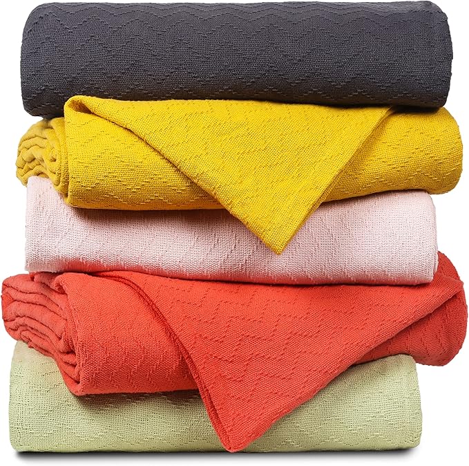 BELIZZI HOME 100% Cotton Bed Blanket, Breathable Thermal Blanket Twin Size, Soft Chevron 60 inch x90 , Perfect for Layering Any All Season, White
