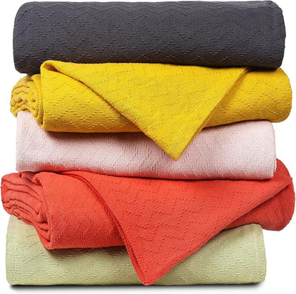 BELIZZI HOME 100% Cotton Bed Blanket, Breathable Thermal Blanket Full -Queen Size, Soft Chevron 90 inch x90 , Perfect for Layering Any All Season, Mustard Yellow