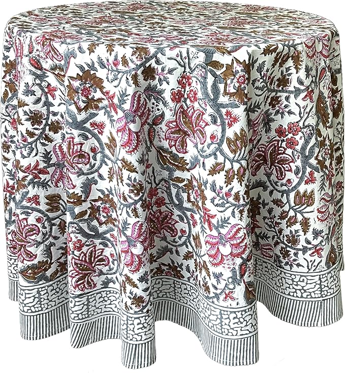 ATOSII Eden Multicolor 100% Cotton Round Tablecloth, Handblock Print Floral Table Cloth for Kitchen Dining Linen I Parties, Weddings, Outdoors, Holidays I Fall Home Decor 60" Inches Round