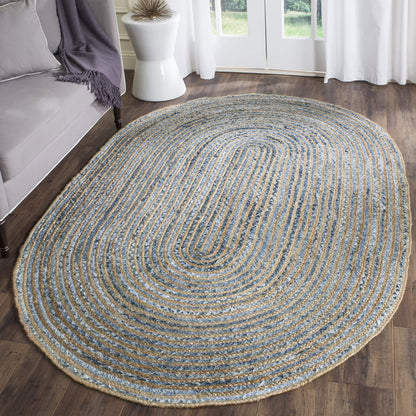 SAFAVIEH Cape Cod Collection Area Rug - 3' x 5' Oval, Natural & Blue, Handmade Flat Weave Jute, Ideal for High Traffic Areas in Living Room, Bedroom (CAP250A)