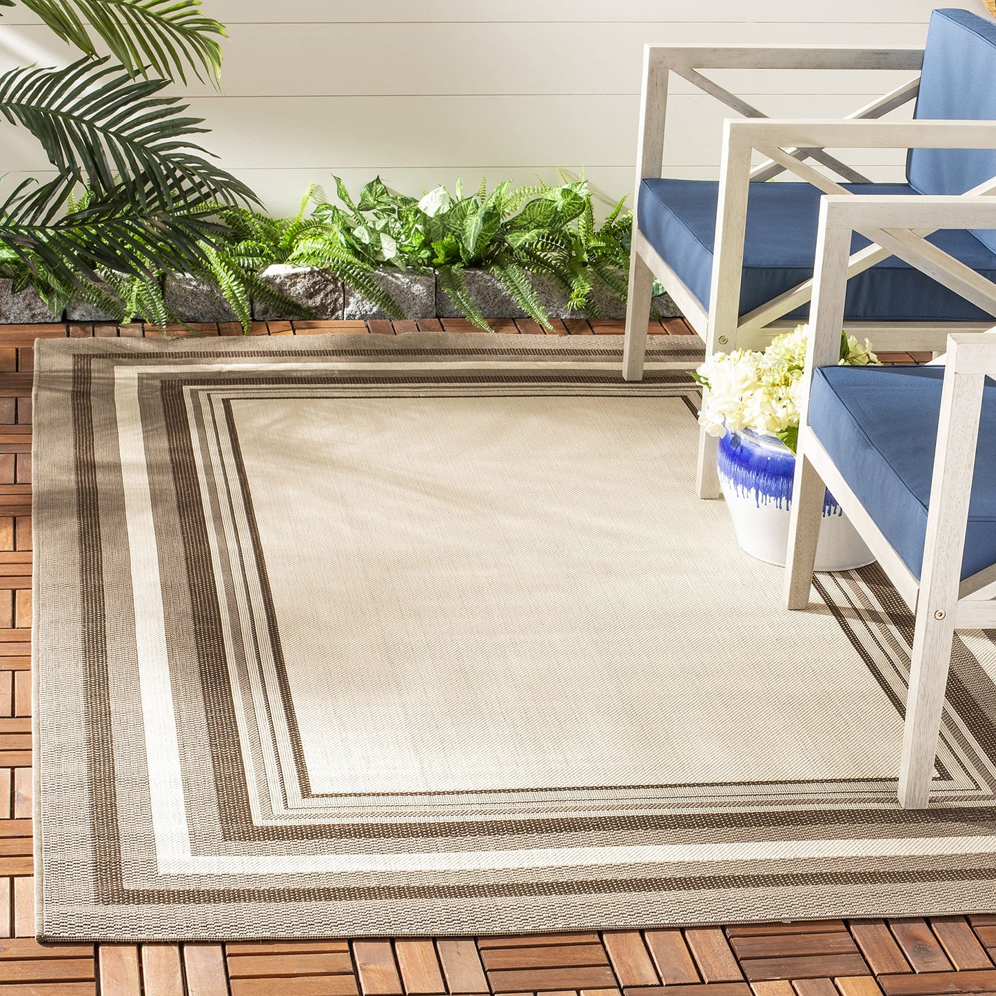 SAFAVIEH Courtyard Collection 2'7" x 5' Beige / Dark Beige CY7896 Indoor/ Outdoor Waterproof Easy Cleaning Patio Backyard Mudroom Area Rug