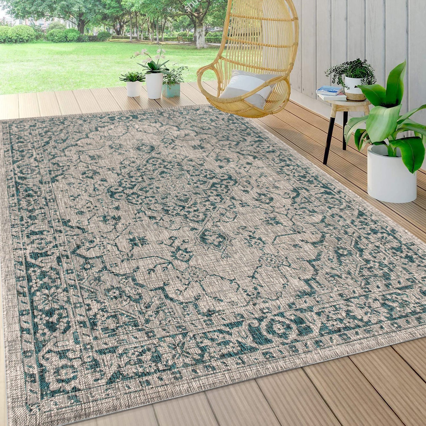 JONATHAN Y Boho Medallion Indoor Outdoor Area Rug 3X5 Gray/Teal, Rozetta Textured Weave for Backyard, Patio, Porch, Easy-Cleaning, High Traffic, Pet-Friendly, Non-Shedding (SMB102C-3)