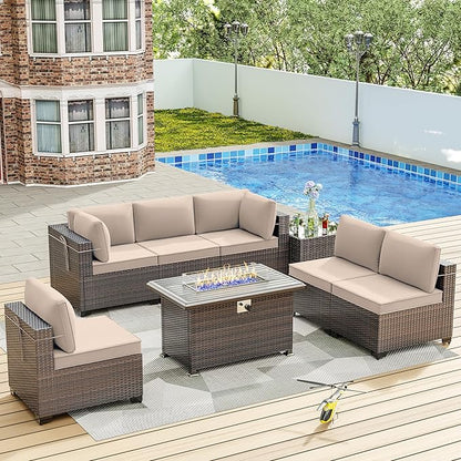ALAULM 8 Pieces Patio Furniture Set with Propane Fire Pit Table Outdoor Sectional Sofas 55000BTU Gas Fire Pit Brown PE Rattan Patio Conversation Set w/6 Seat Cushions-Sand