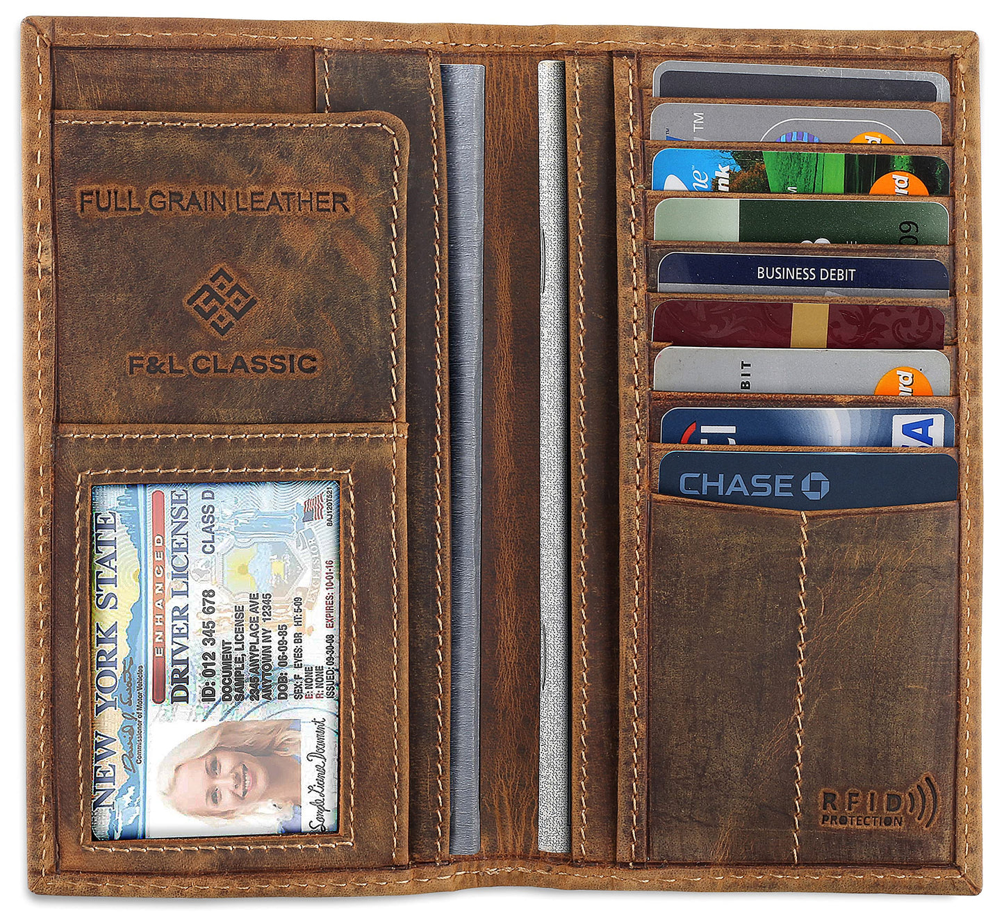 F&L CLASSIC Men's RFID Vintage Look Genuine Leather Long Bifold Wallet Checkbook Wallets,buffalo wax vintage leather,240 wax brown