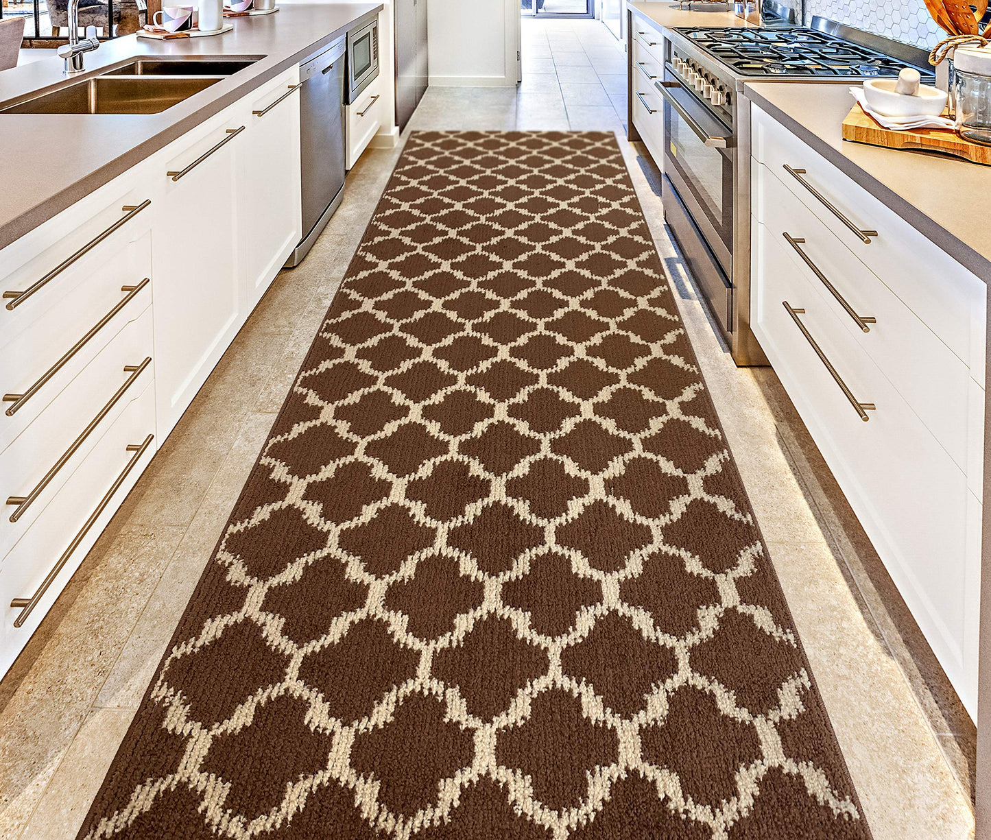 Custom Size Cut to Length Moroccan Trellis Design Runner Rug Mat For Wide Long Hallways with Non-Slip Rubber Backing, Better Traction for Pets, Prevent Slippage, Trellis Brown, 31 inch X 7 feet