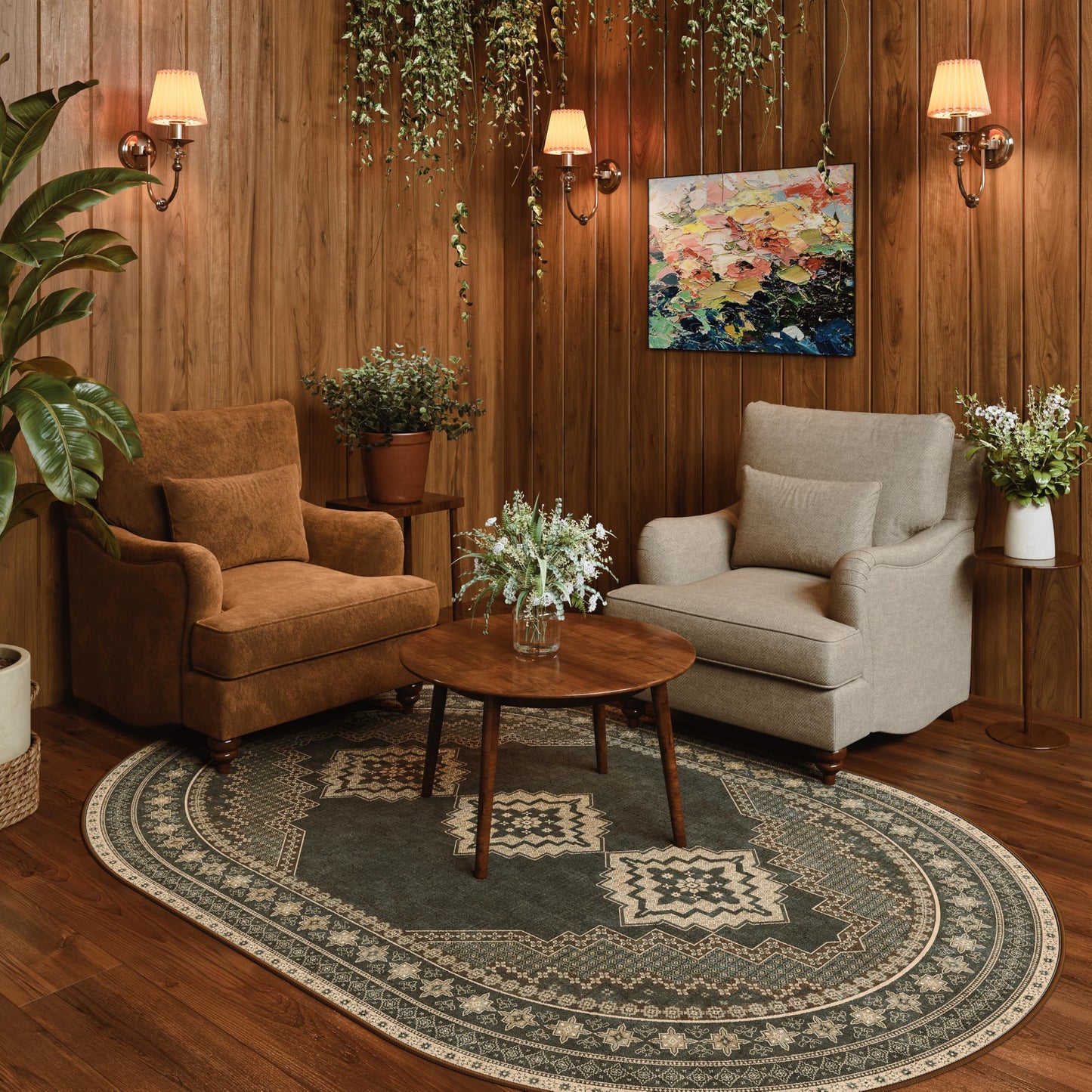 Clemile 4x6 Oval Rug - Washable Ultra-Thin Living Room Rug Non-Slip Vintage Carpets - Soft & Stain Resistant Rug for Kitchen Bedroom Living Room Forest Brown
