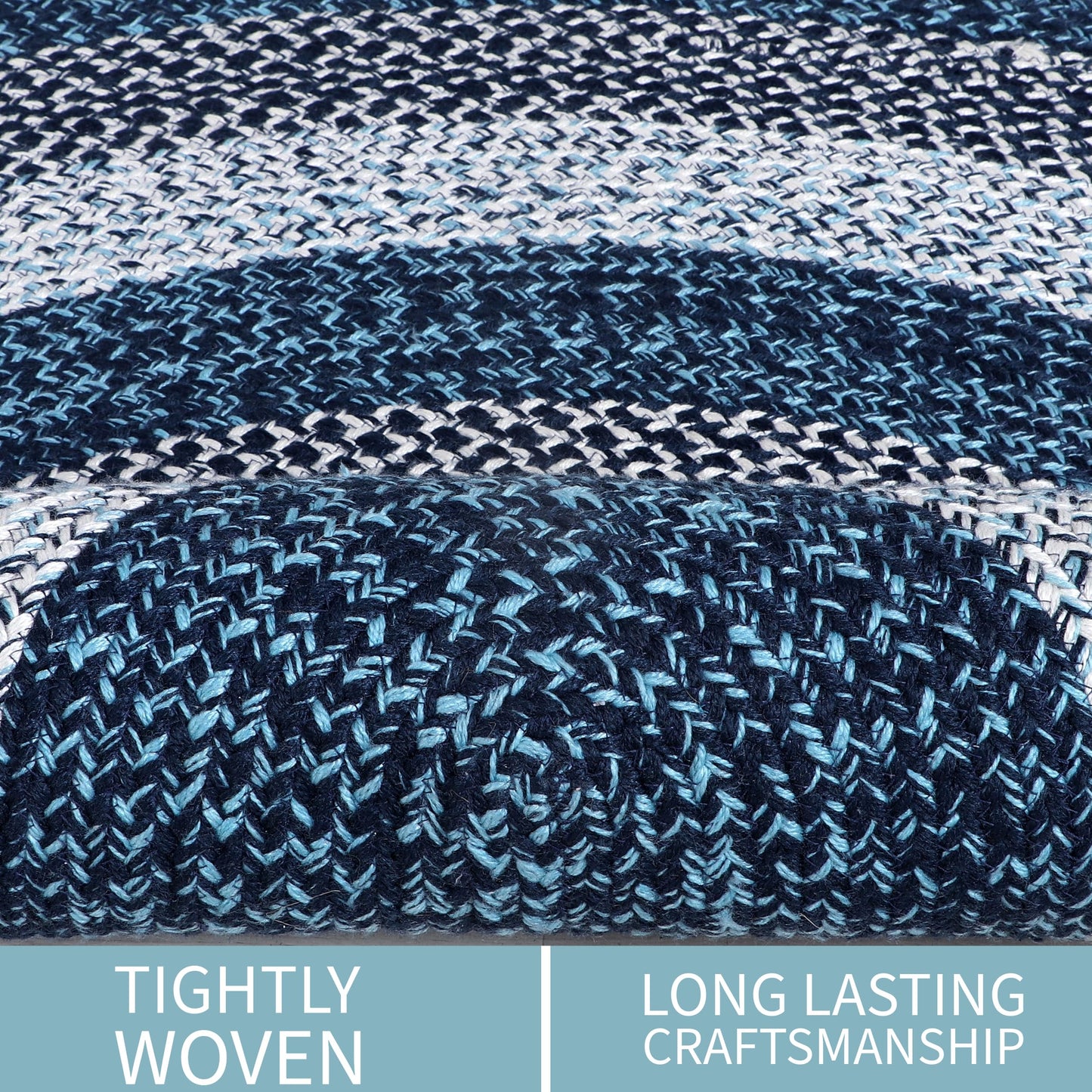 Super Area Rugs Rustic Aqua Blue/White/Black Braided Rug for Dining Room Table, Washable Outdoor Rug for Patio/Porch 4' Round