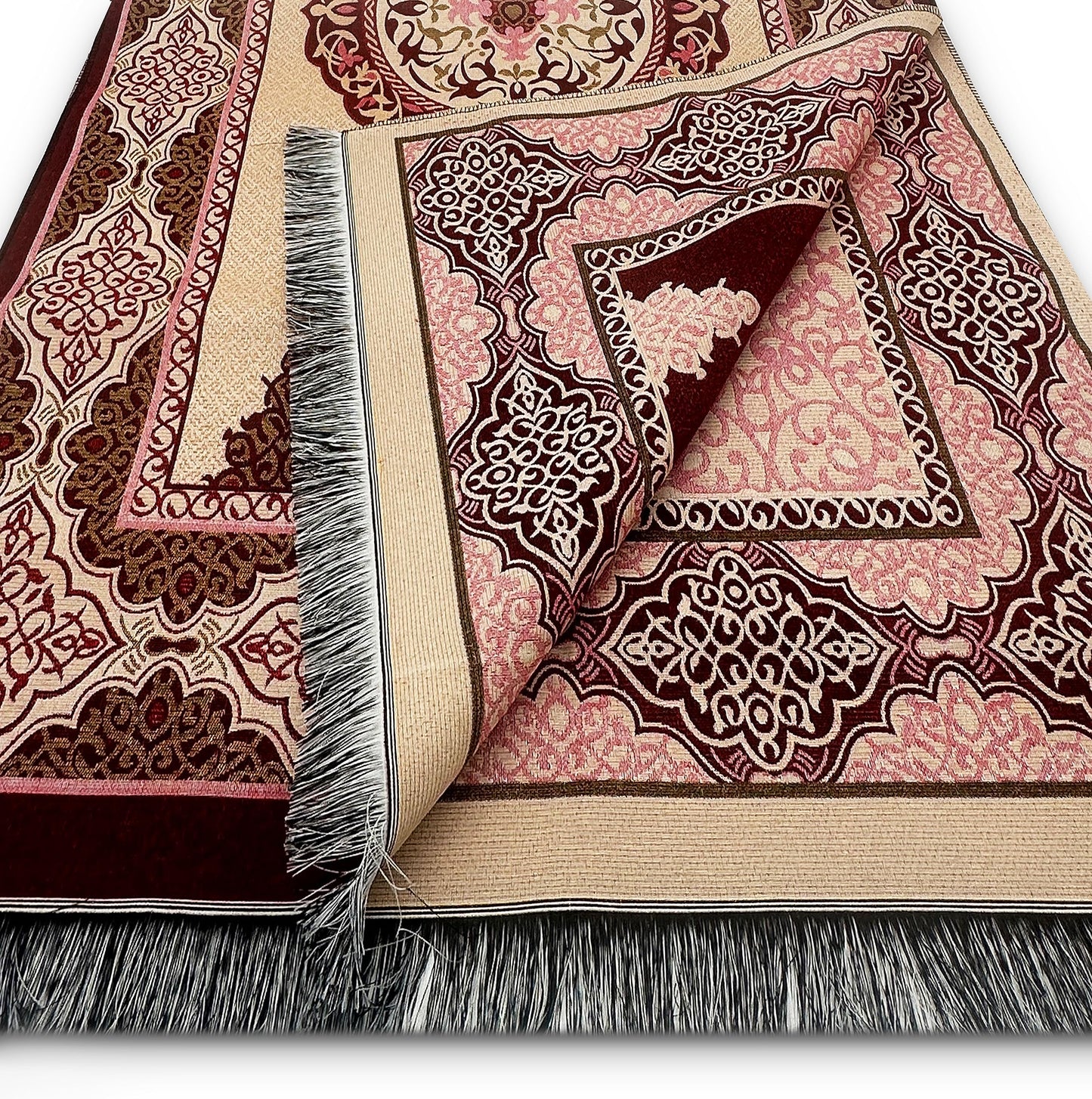 ESERRA Muslim Prayer Rug - 99 Beads & Cap Included, Islam Prayer Mats for Men, Women & Kids (Red)
