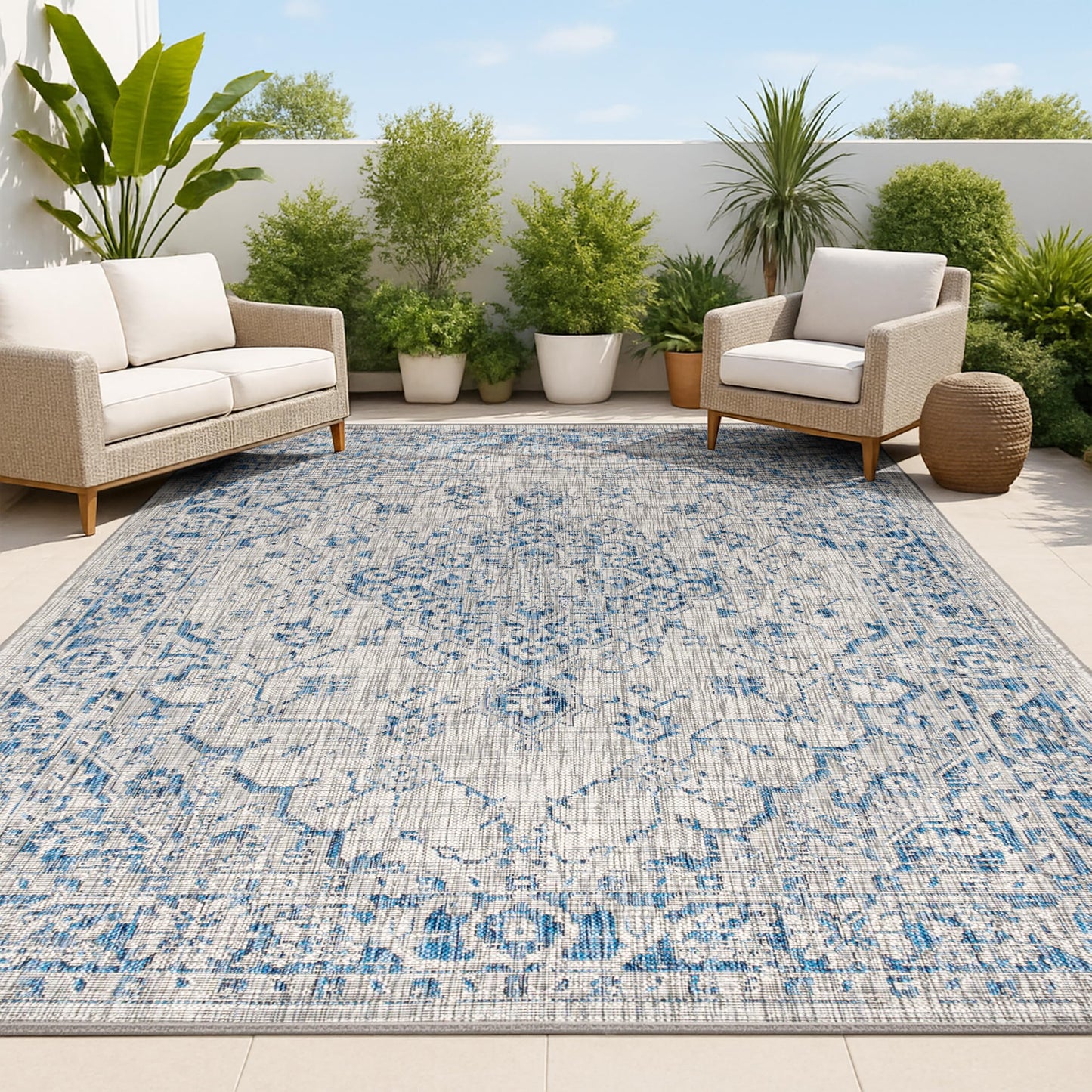 JONATHAN Y Boho Medallion Indoor Outdoor Area Rug 8X10 Gray/Navy, Rozetta Textured Weave for Backyard, Patio, Porch, Easy-Cleaning, High Traffic, Pet-Friendly, Non-Shedding (SMB102B-8)