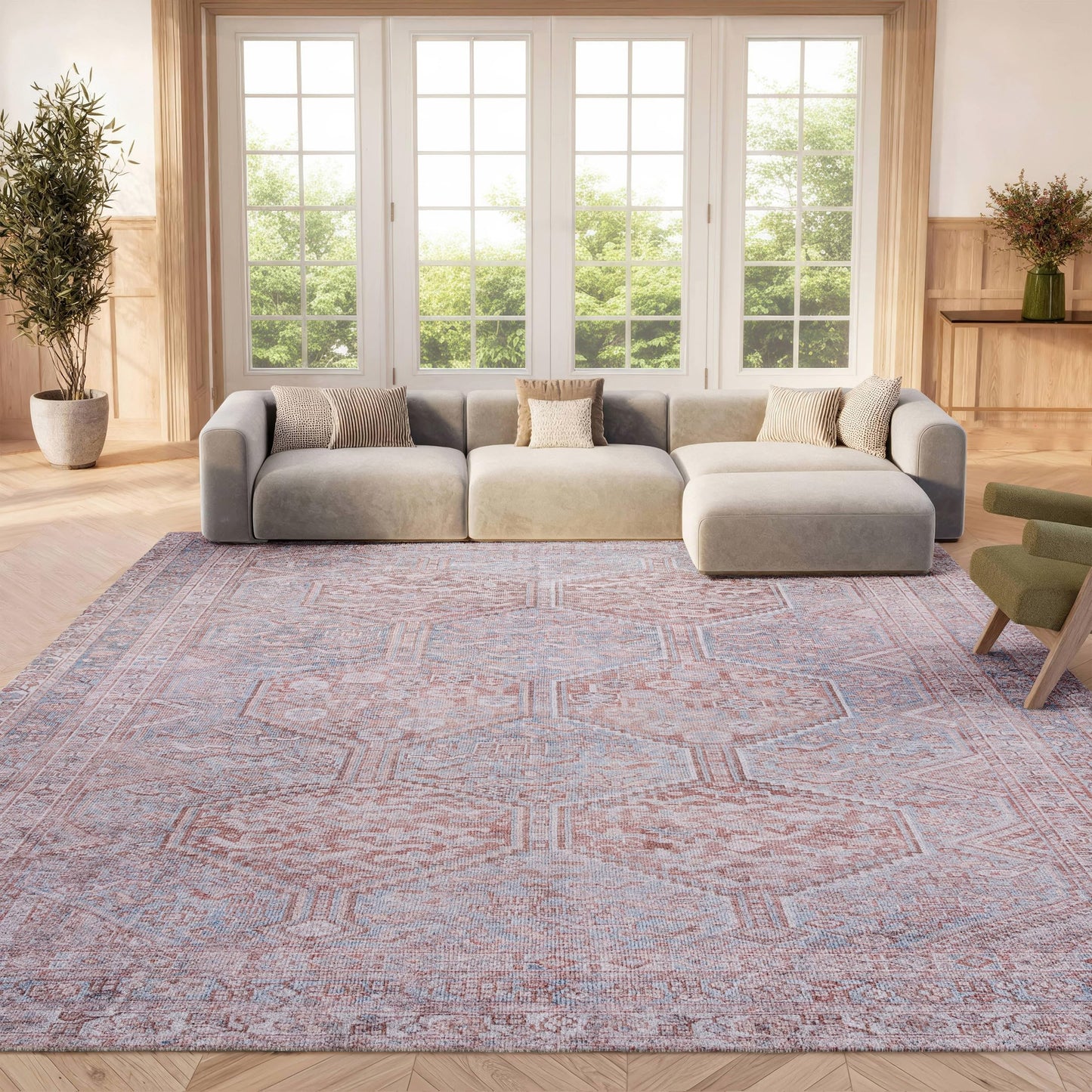 SAFAVIEH Washable Rug Tucson Collection - 6' x 9', Grey & Rust, Slip Resistant & Easy to Clean, Ideal for Living Room, Bedroom, Dining Space (TSN180F)