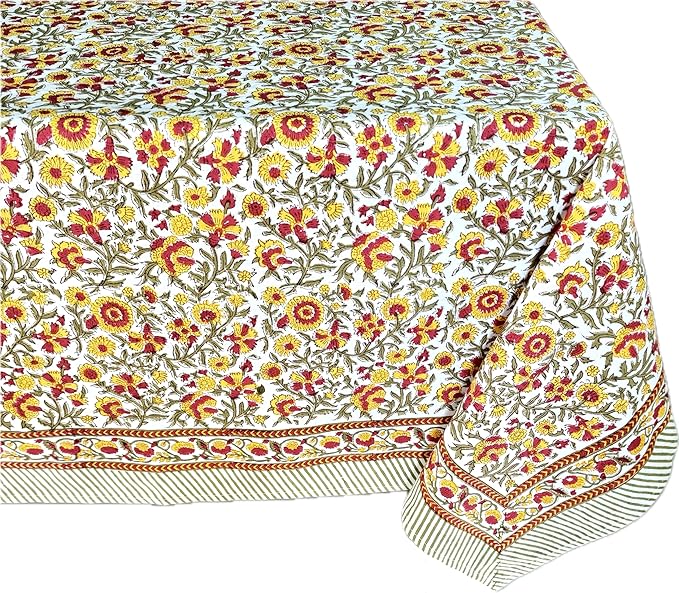 ATOSII Marigold 100% Cotton Spring Summer Tablecloth, Block Print Rectangle Table Cover for Dining, Parties, Weddings, Outdoors, Grand Millenial Decor 60 X 90 Inches I 6 Seater I