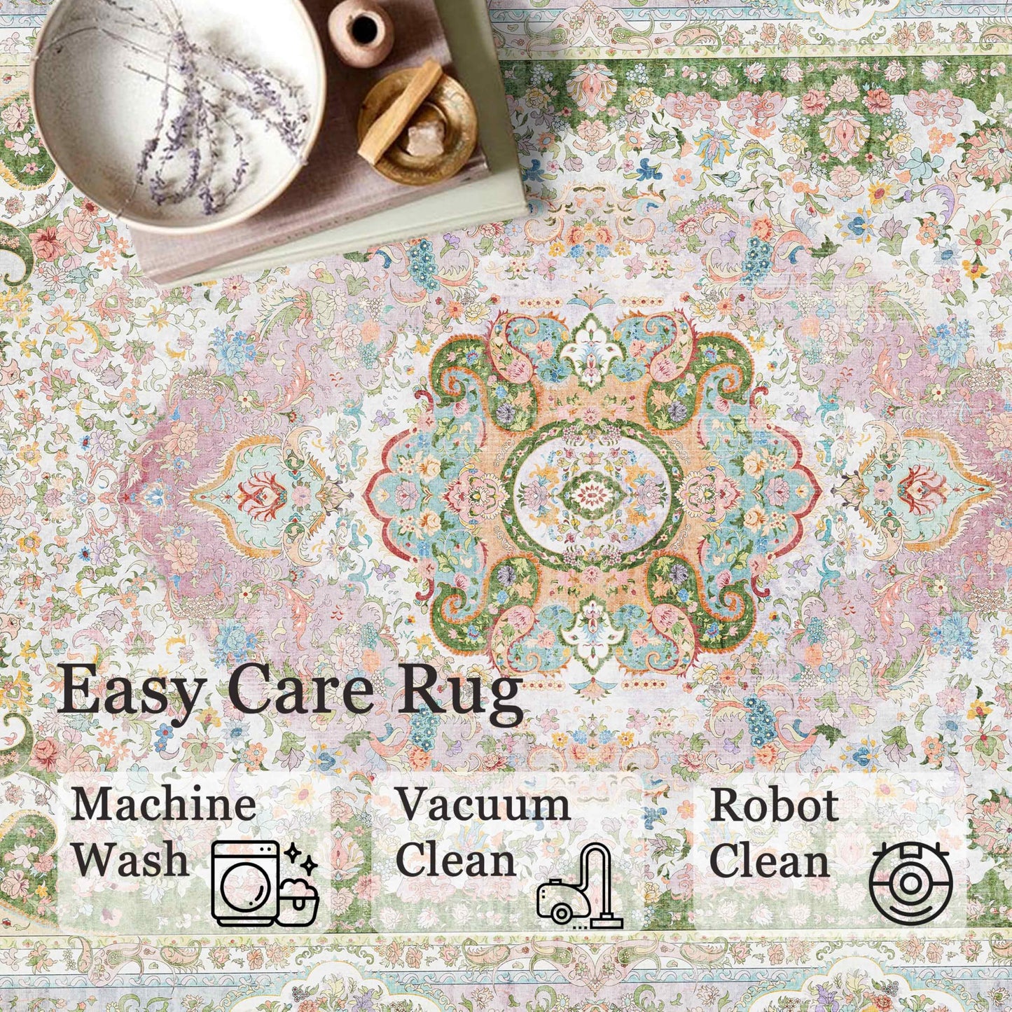 Castage Washable Runner Rug 2x6,Pink Rug Runners Non Slip,Long Boho Rugs for Hallways Kitchen Bedroom Entryway Living Room Bathroom,Vintage Bohemian Distressed Floor Carpet,Blush Green