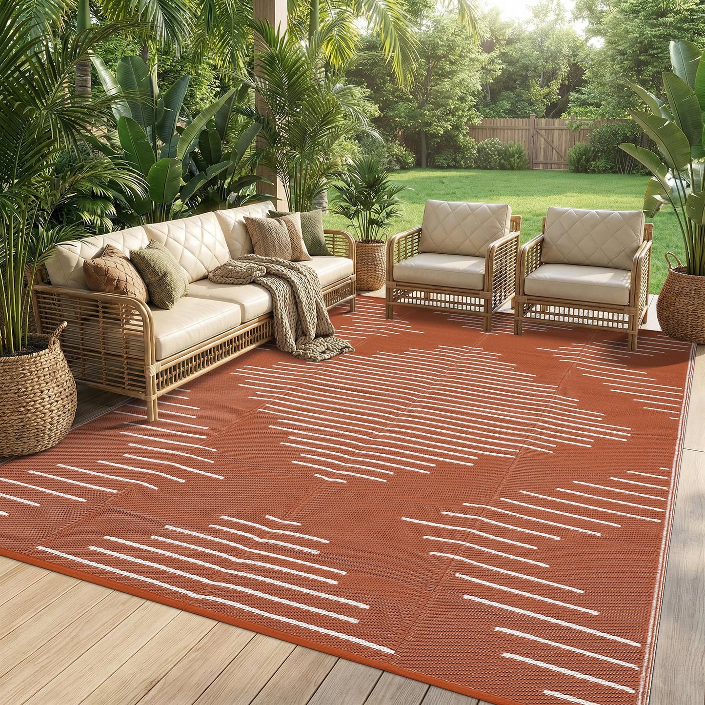 Garvee 6x9 Area Rugs Plastic Reversible Patio Rugs Outdoor Waterproof Easy-Cleaning Large Floor Mat for Outdoors Backyard Porch RV Beach Picnic Terracotta White