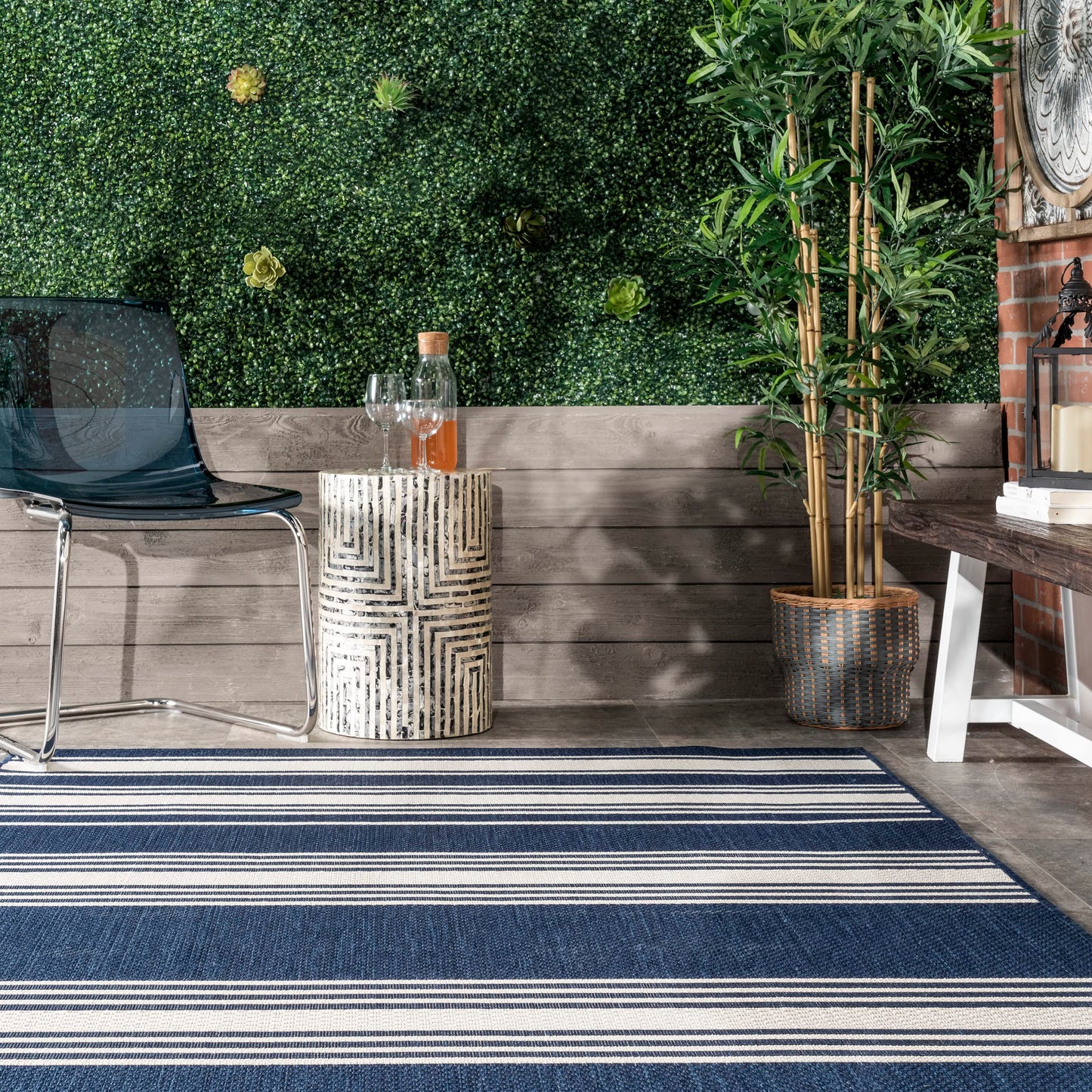 Rugs USA Romy Navy/Ivory, 6'7" x 9', Striped, Soft and Cozy, High Traffic, Stain Resistant, Easy Clean, Durable Area Rug for Indoor/Outdoor Patio, Deck, Porch, Garden, Courtyard