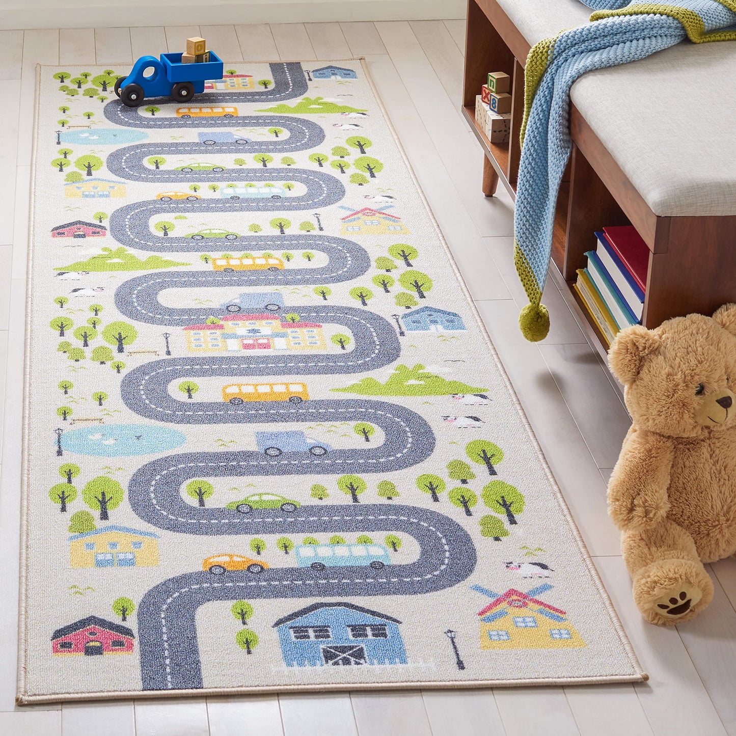 SAFAVIEH Washable Rug Kids Playhouse Collection - 2'2" x 8' Runner, Beige & Green, Slip Resistant & Easy to Clean, Ideal for Kids Room, Playroom, Nursery, Boys & Girls Room (KPH227A)