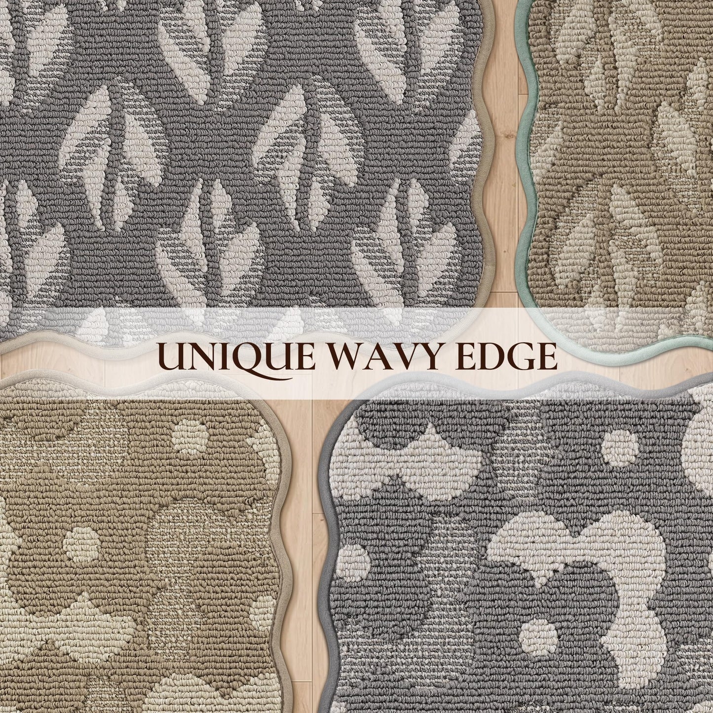 FLOORHUG Non-Slip Kitchen Rugs Set of 2, Scalloped Kitchen Mats for Floor, Absorbent and Stain Resist Kitchen Floor Mat, Washable Kitchen Runner Rug for Laundry&Sink, 17"x30"+17"x72", Leaf/Beige