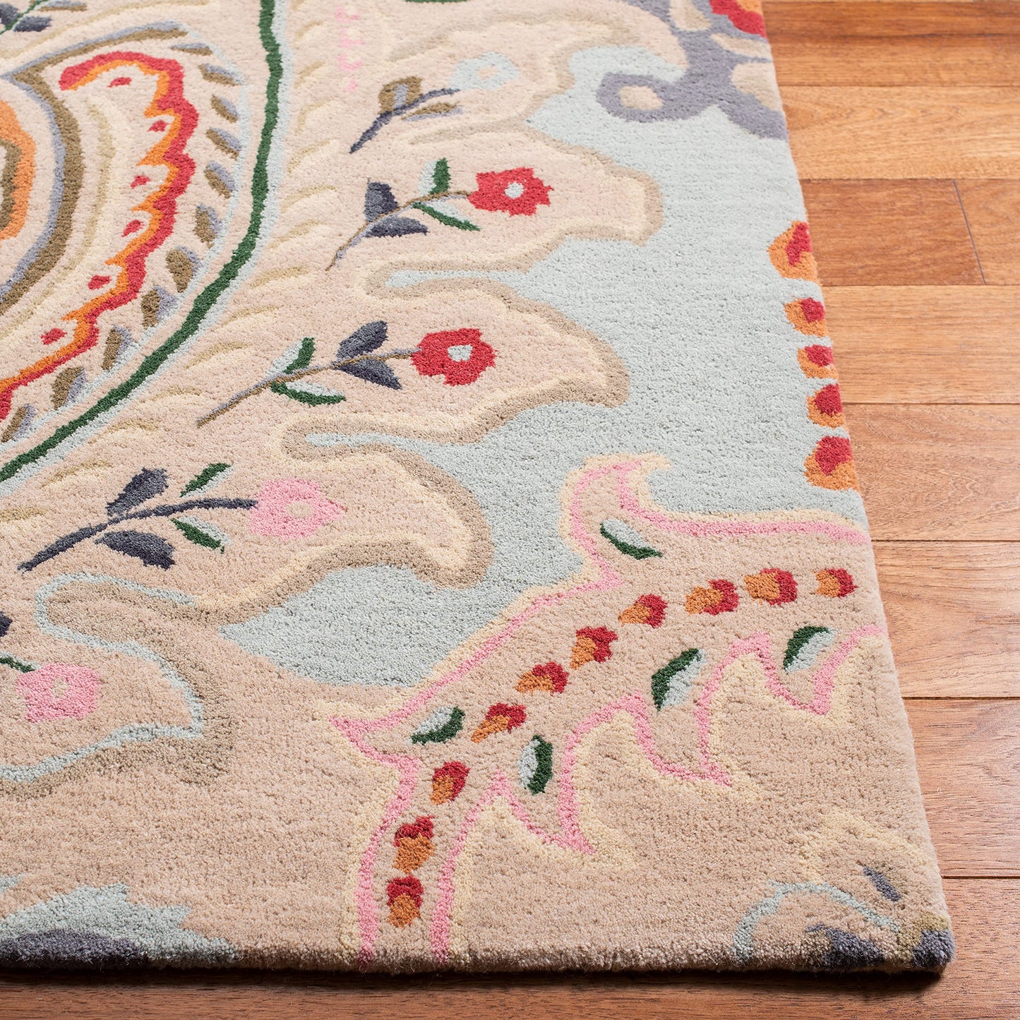 SAFAVIEH Bella Collection Area Rug - 5' Square, Beige & Blue, Handmade Boho Wool, Ideal for High Traffic Areas in Living Room, Bedroom (BEL118B)