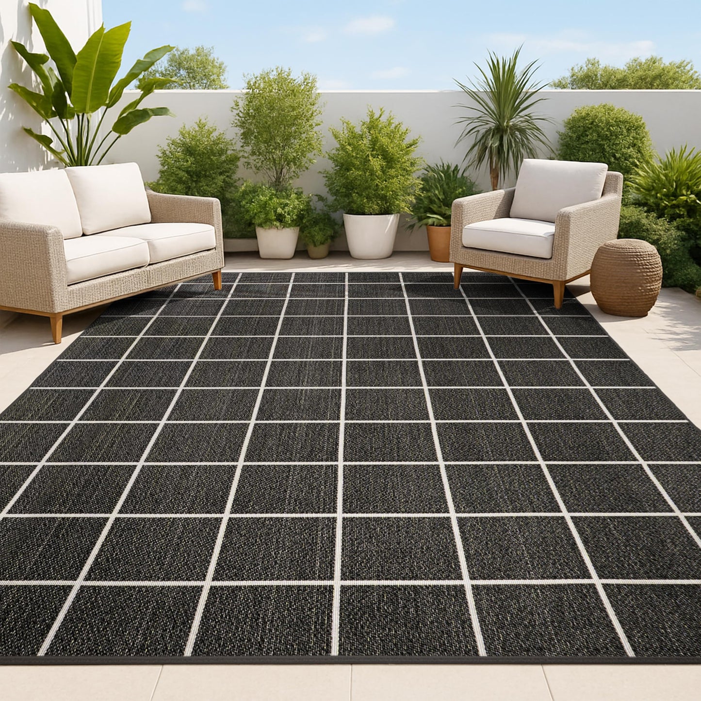 JONATHAN Y Grid Squares Indoor Outdoor Area Rug 3X5 Black/Cream, Modern for Backyard, Patio, Porch, Easy-Cleaning, High Traffic, Pet-Friendly, Non-Shedding (SMB200B-3)