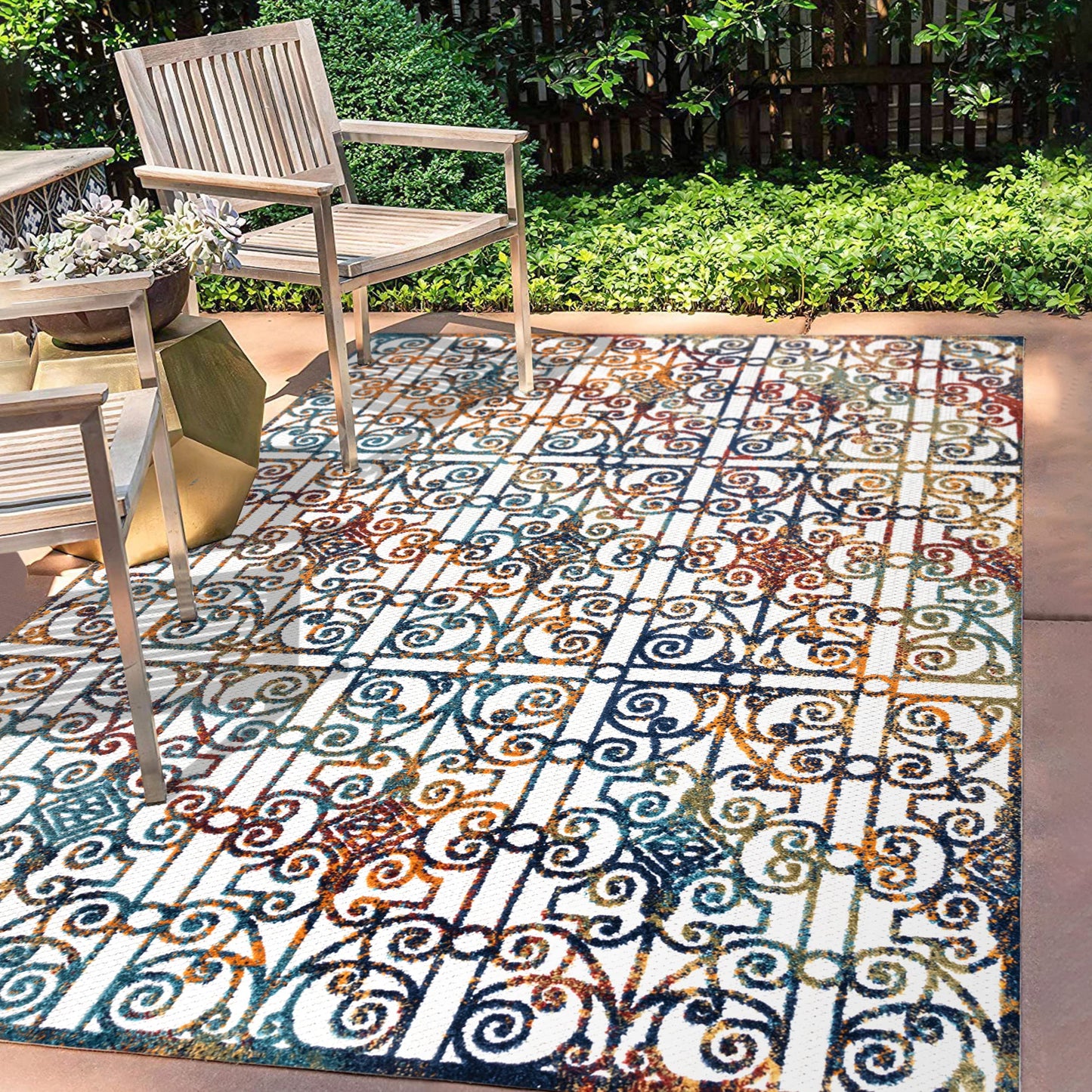 JONATHAN Y Ornate Trellis Indoor Outdoor Area Rug 3X5 Cream/Blue/Orange, Cetara for Backyard, Patio, Porch, Easy-Cleaning, High Traffic, Pet-Friendly, Non-Shedding (AMC111A-3)