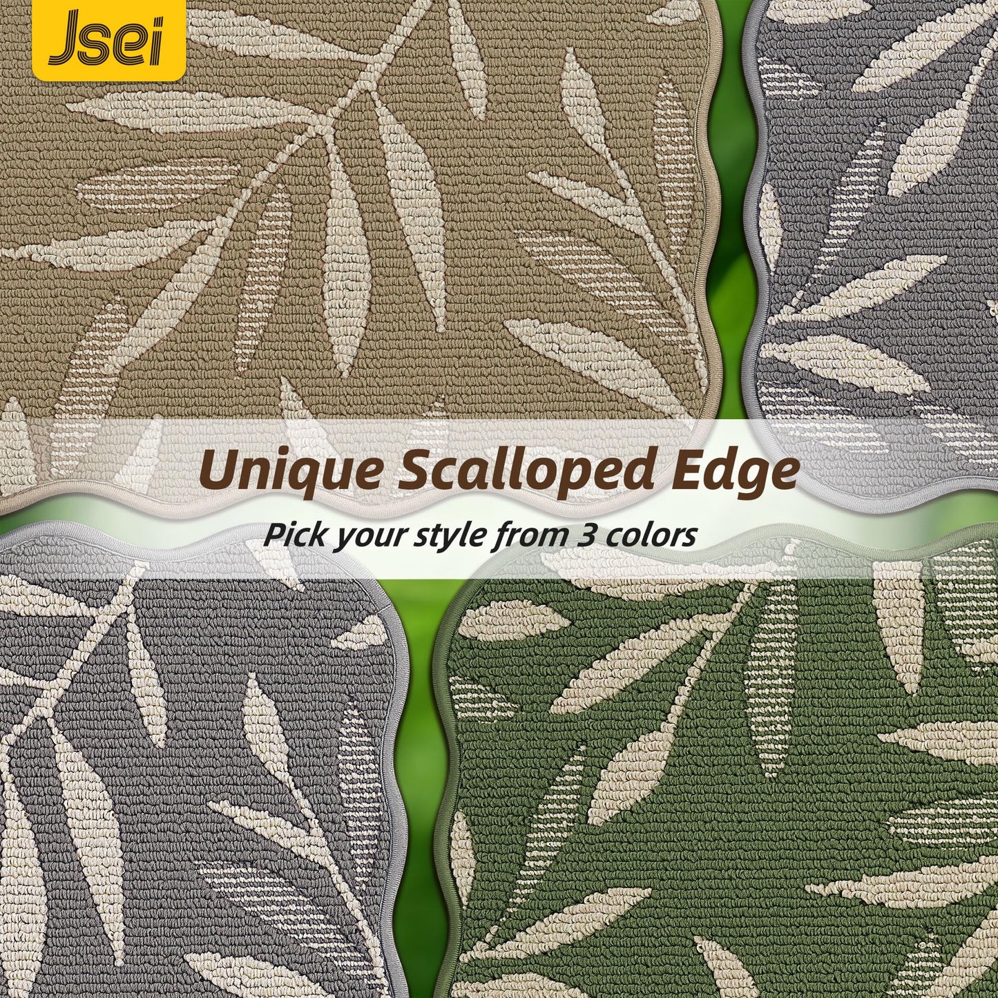 JSEI Scalloped Kitchen Rugs with 3D Leaf Pattern, 2 Pcs Kitchen Mats for Floor, Non-Slip Washable Kitchen Runner, Absorbent Rugs for Kitchen, Laundry & Sink, 17"x30"+17"x48", Grey