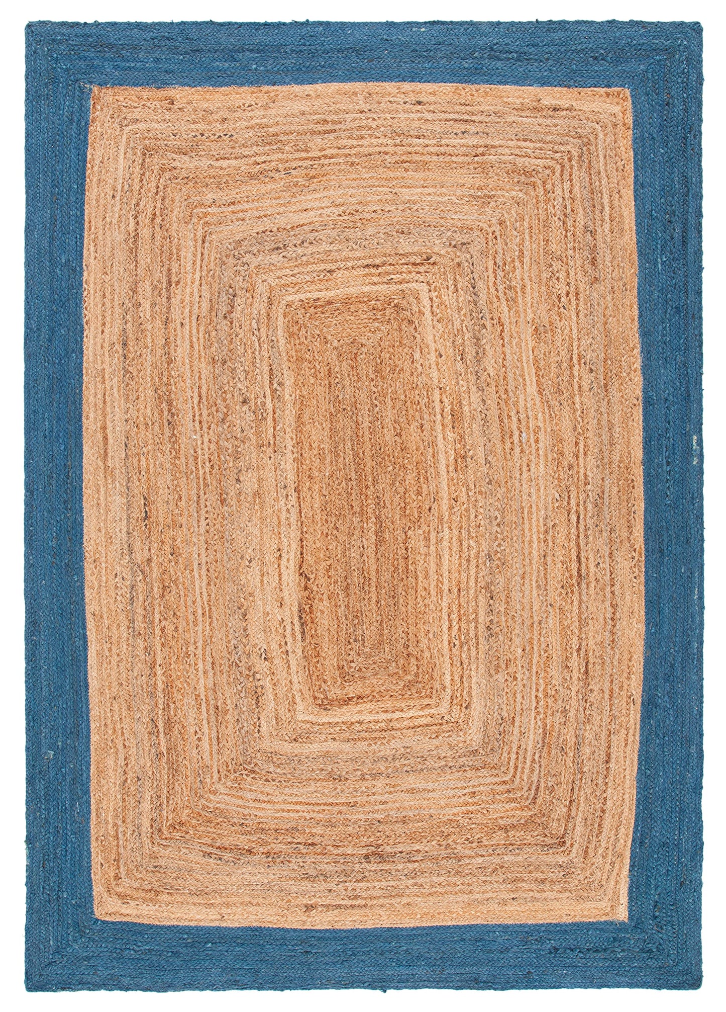 SAFAVIEH Natural Fiber Collection Accent Rug - 4' x 6', Natural & Blue, Handmade Flat Weave Boho Farmhouse Rustic Border Jute, Ideal for High Traffic Areas in Entryway, Living Room, Bedroom (NFB852M)