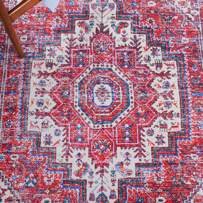 SAFAVIEH Washable Rug Tucson Collection - 4' x 6', Red & Blue, Slip Resistant & Easy to Clean, Ideal for Foyer, Kitchen, Nursery, Office, Bedroom (TSN198Q)