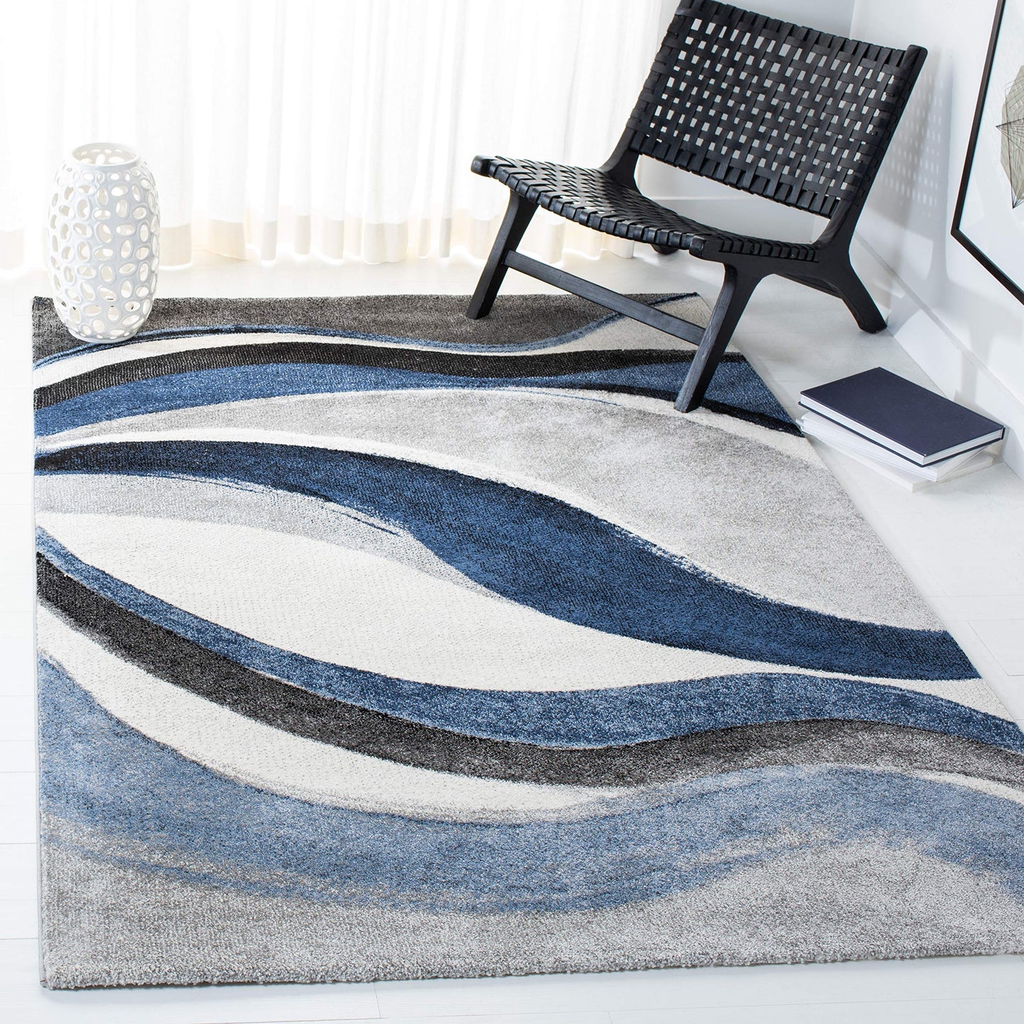 SAFAVIEH Hollywood Collection Area Rug - 8' Square, Grey & Blue, Mid-Century Modern Design, Non-Shedding & Easy Care, Ideal for High Traffic Areas in Living Room, Bedroom (HLW766F)