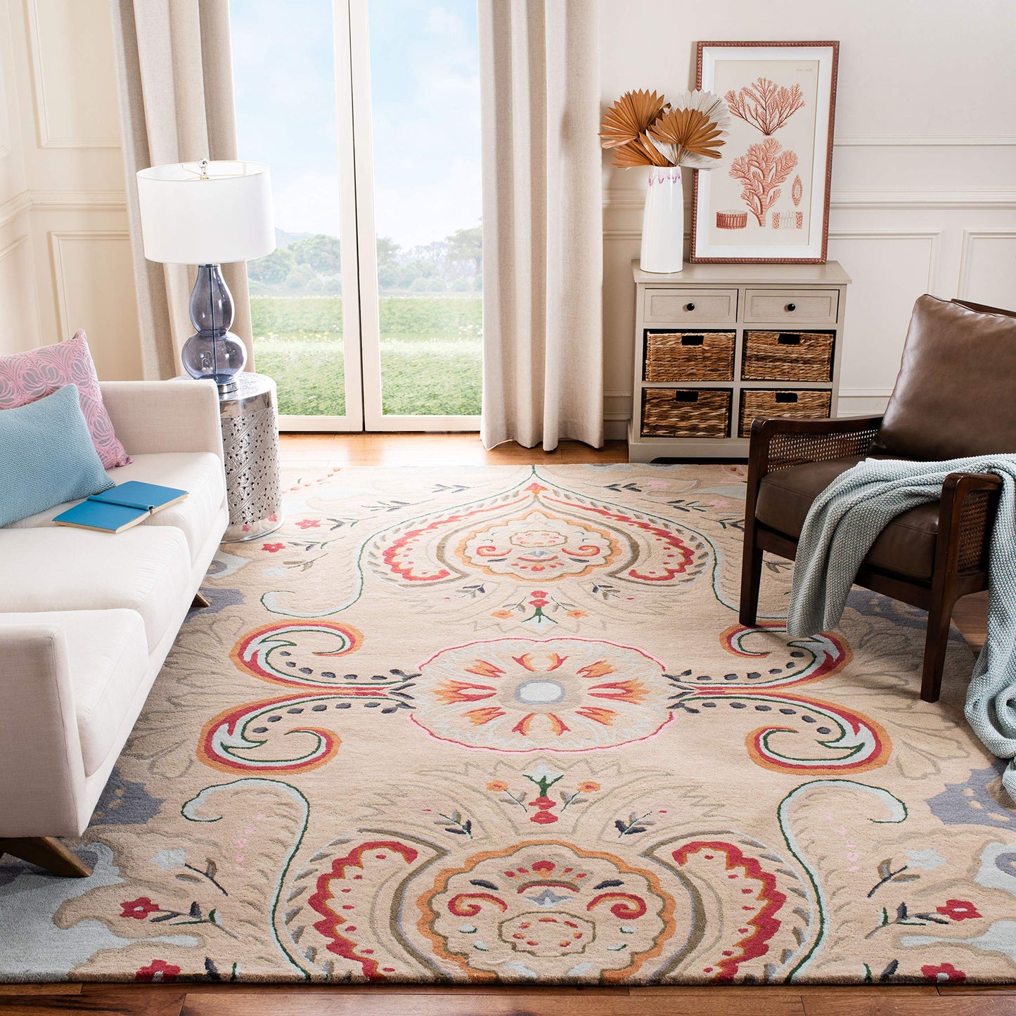 SAFAVIEH Bella Collection Area Rug - 5' Square, Beige & Blue, Handmade Boho Wool, Ideal for High Traffic Areas in Living Room, Bedroom (BEL118B)