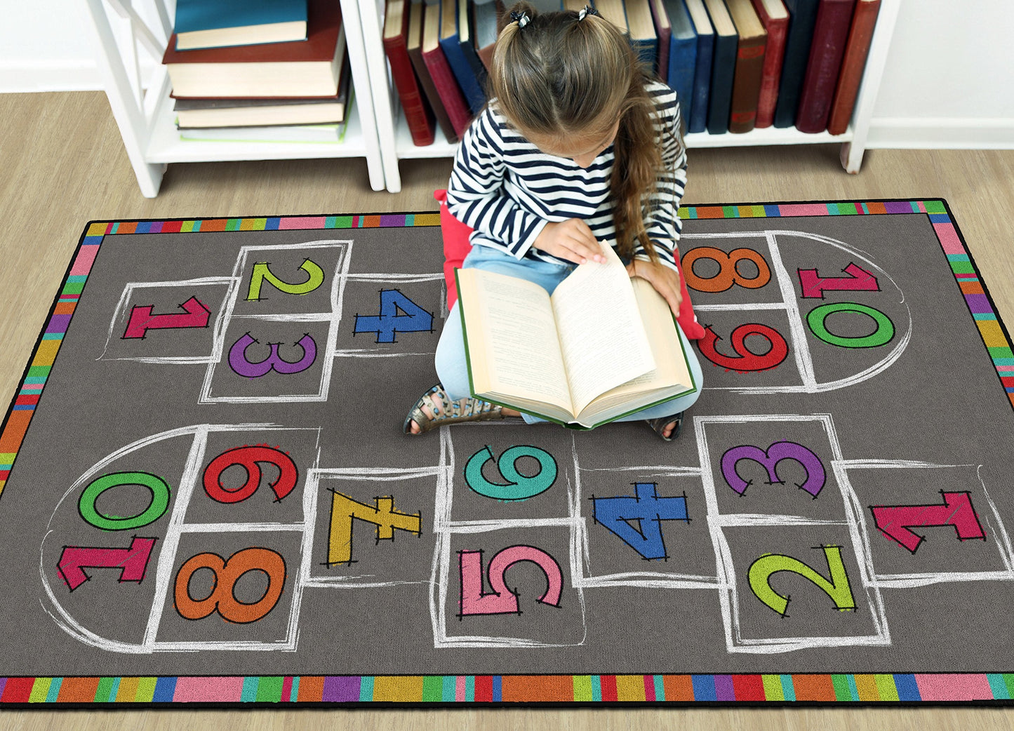 Flagship Carpets Hopscotch Rainbow Numbers Activity Area Rug for Children's Classroom or Home Learning Mat, Kids Room or Playroom Carpet, 5' x 8', Multicolor