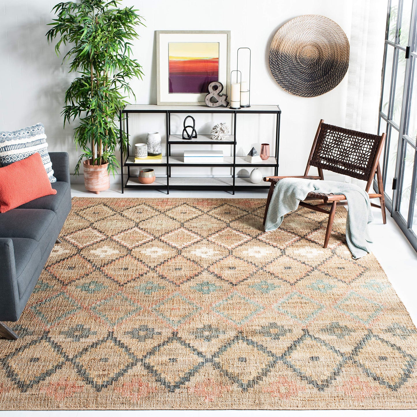 SAFAVIEH Area Rug 8x10 - Kilim Collection - Large - Natural & Blue, Handmade Jute & Cotton, Moroccan Boho Design, Ideal for Living Room, Bedroom, Office, Dining Space (KLM753A)