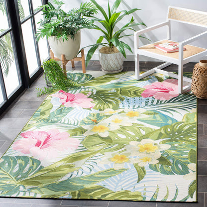 SAFAVIEH Washable Rug Outdoor Barbados Collection - 4' x 6', Green & Pink, Non-Shedding & Easy to Clean, Ideal for Patio, Backyard, Mudroom (BAR516X)