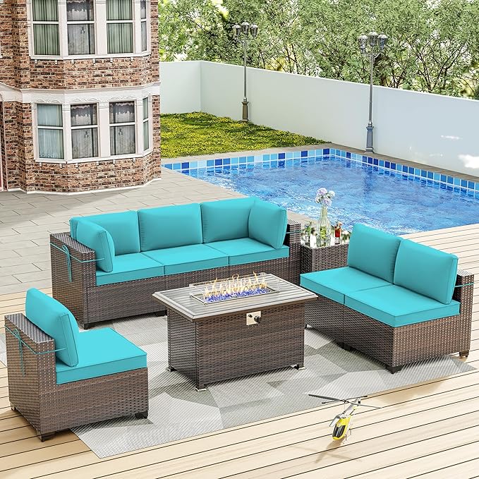 ALAULM 8 Pieces Outdoor Patio Furniture Set with Propane Fire Pit Table Outdoor Sectional Sofa Sets Patio Furniture 43" Gas Fire Pit Brown PE Rattan Patio Conversation Set w/6 Cushions (New Blue)