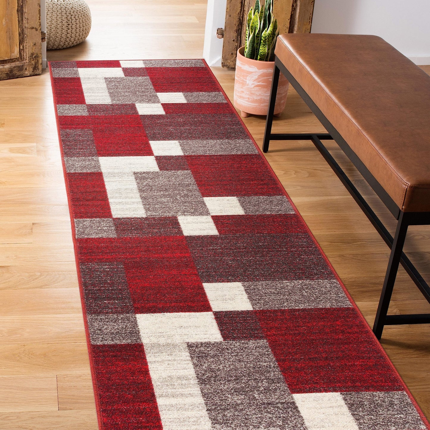 Rugshop Red Modern Geometric Boxes Non-Slip Area Rug Non-Shedding for Hallway, Entryway and Kitchen, 2' x 7'2" (22" X 84")