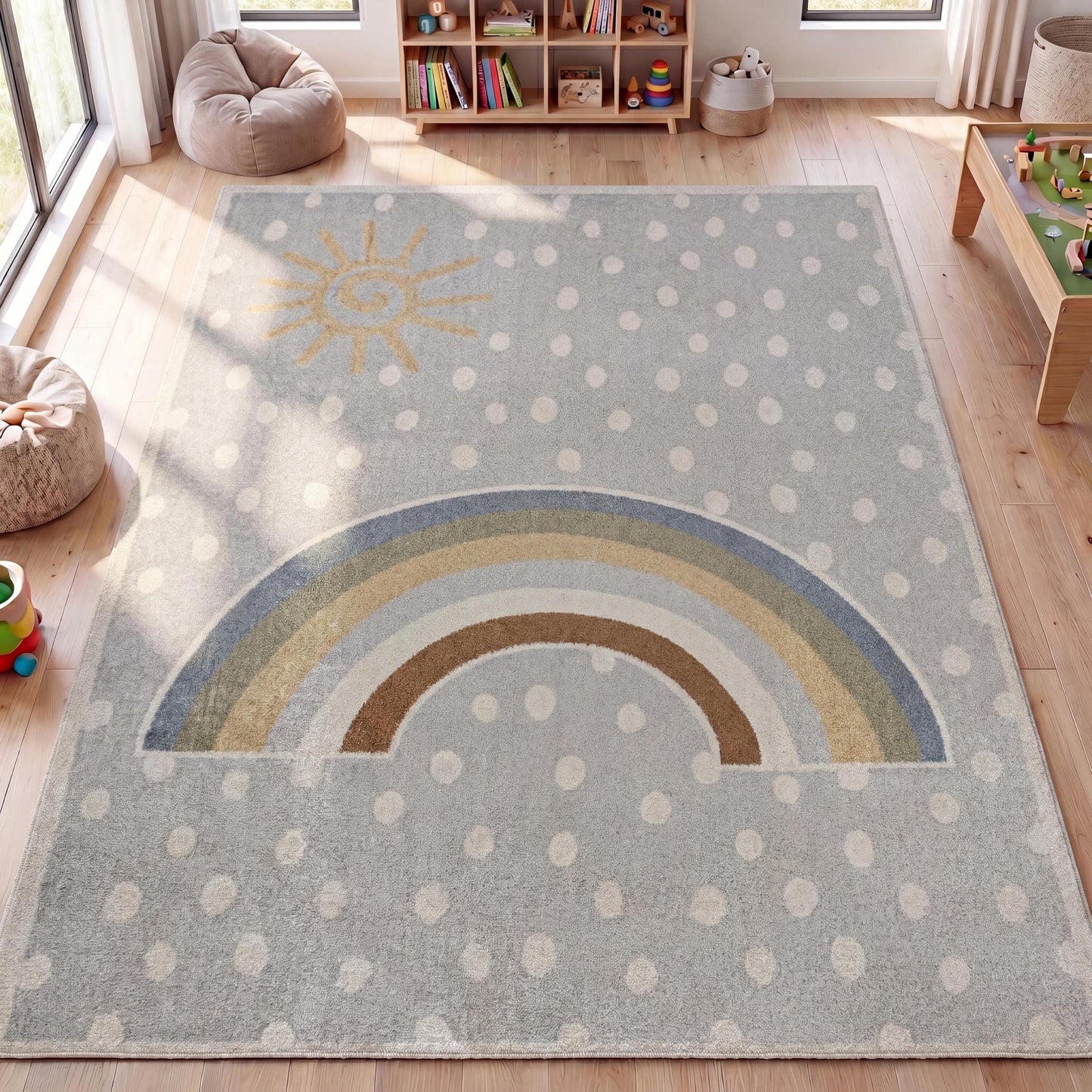 JONATHAN Y Machine-Washable Gray/Ivory/Yellow Indoor Area Rug, 3x5, Minha Rainbow Dots, Kids & Novelty, Casual, Classic, Bedroom, Kitchen, Living Room, Easy-Cleaning, Non-Shedding (KDW102A-3)