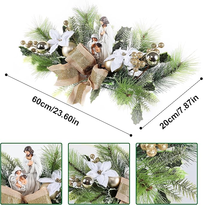 MOONET Christmas Table Centerpiece with LED Lights, White Plastic Pine Needle Ornament, Red Berry, Christmas Balls for Holiday Party, Home, Fireplace
