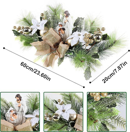 MOONET Christmas Table Centerpiece with LED Lights, White Plastic Pine Needle Ornament, Red Berry, Christmas Balls for Holiday Party, Home, Fireplace