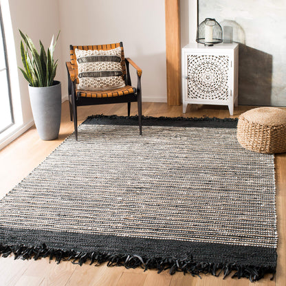 SAFAVIEH Vintage Leather Collection Area Rug - 5' x 8', Black & Multi, Handmade Boho Fringe Leather, Ideal for High Traffic Areas in Living Room, Bedroom (VTL373G)