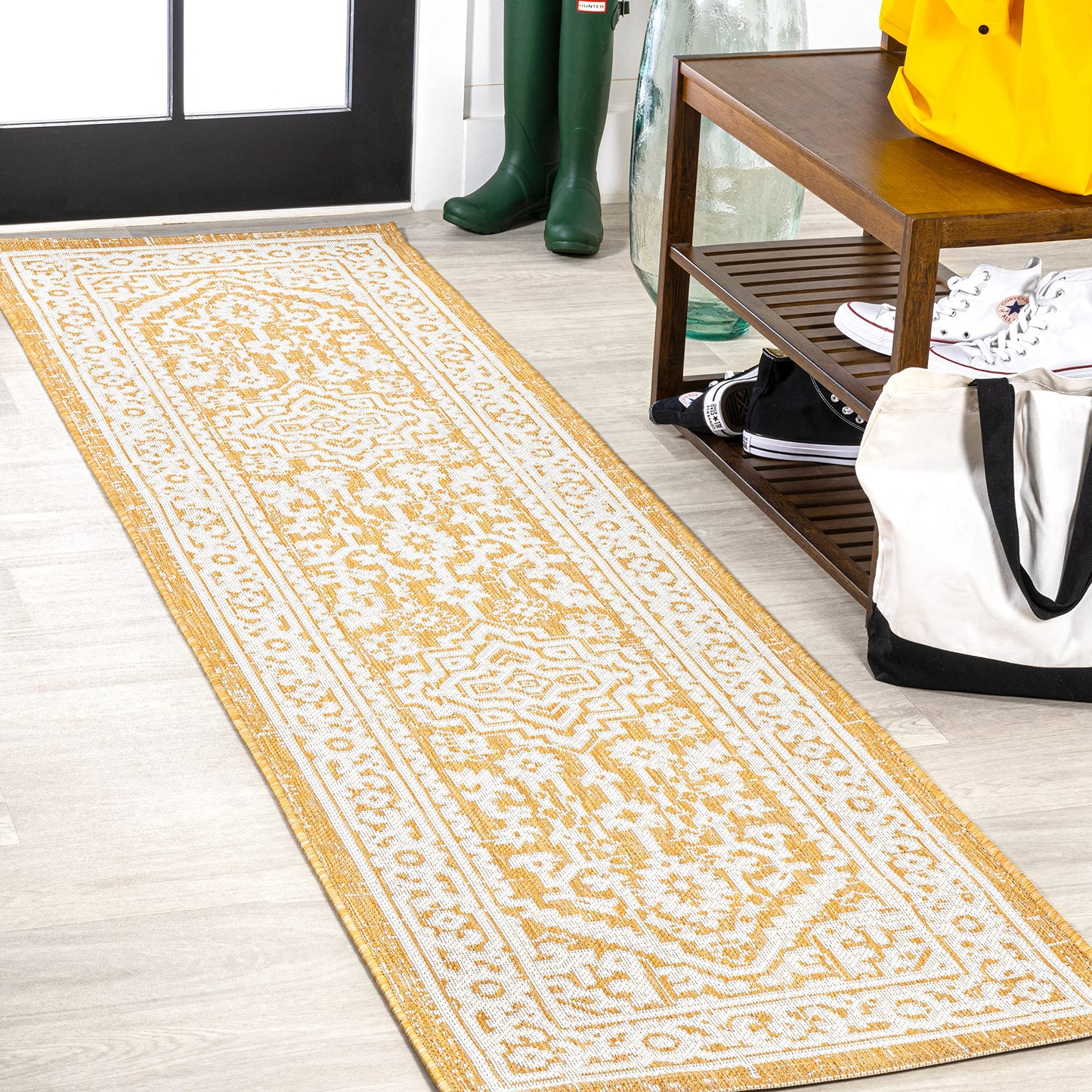 JONATHAN Y Medallion Weave Indoor Outdoor Runner Rug 2X10 Yellow/Cream, Sinjuri Textured for Backyard, Patio, Porch, Easy-Cleaning, High Traffic, Pet-Friendly, Non-Shedding (SMB101I-210)