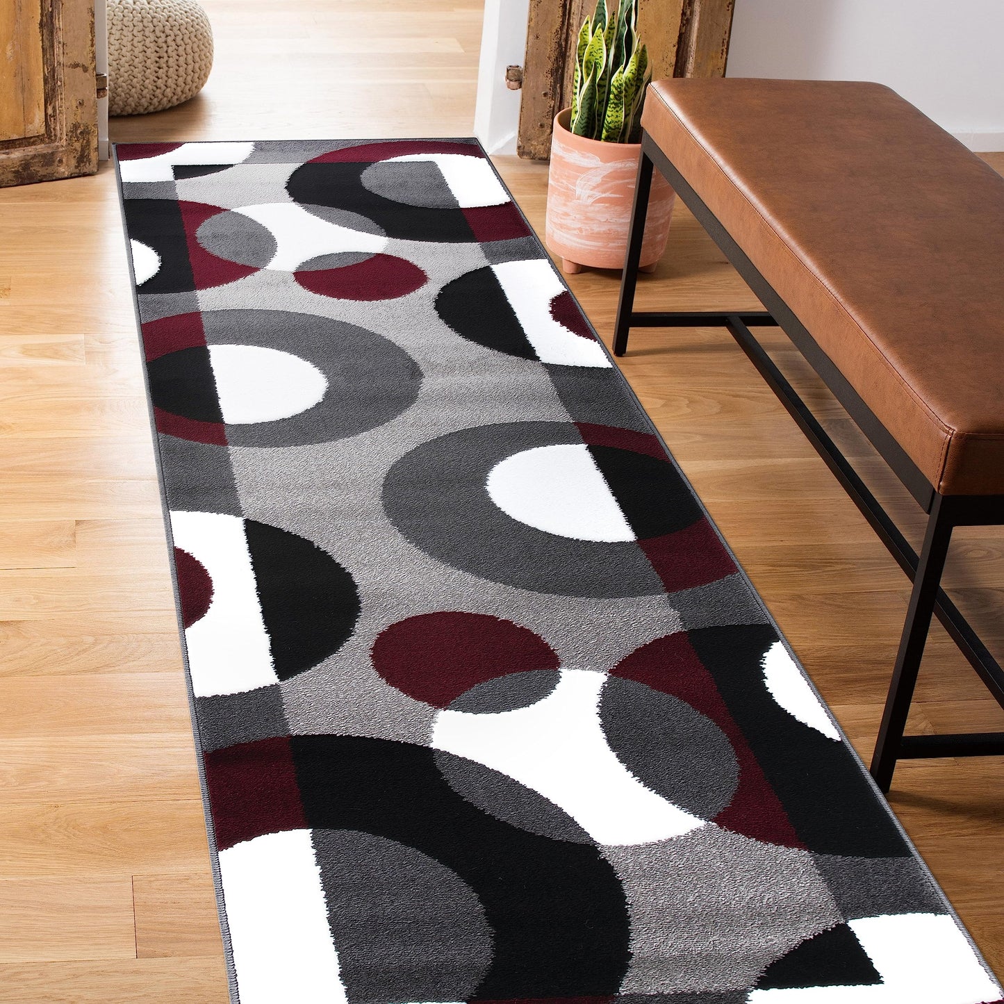 Rugshop Burgundy Hallway Runner Rug, Modern Circles, Non-Shedding, Durable for Hallway, Entryway and Kitchen, 2' x 10'