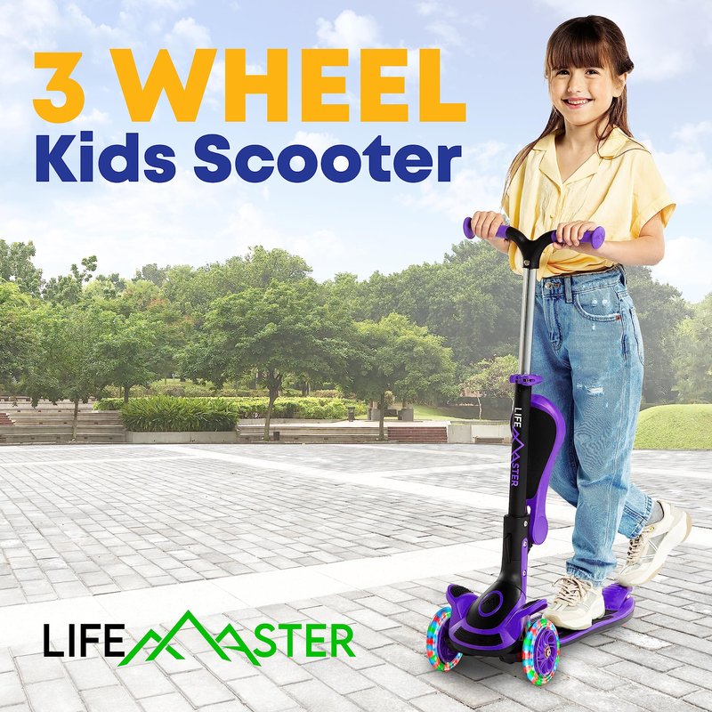 3 Wheel Scooter for Kids with Foldable Seat, Adjustable Handlebar Height, Lean-to-Steer Ride On Toy for Kids Ages 2+, Light-Up LED Wheels, Wide Anti Slip Deck, Indoor & Outdoor Use, Purple