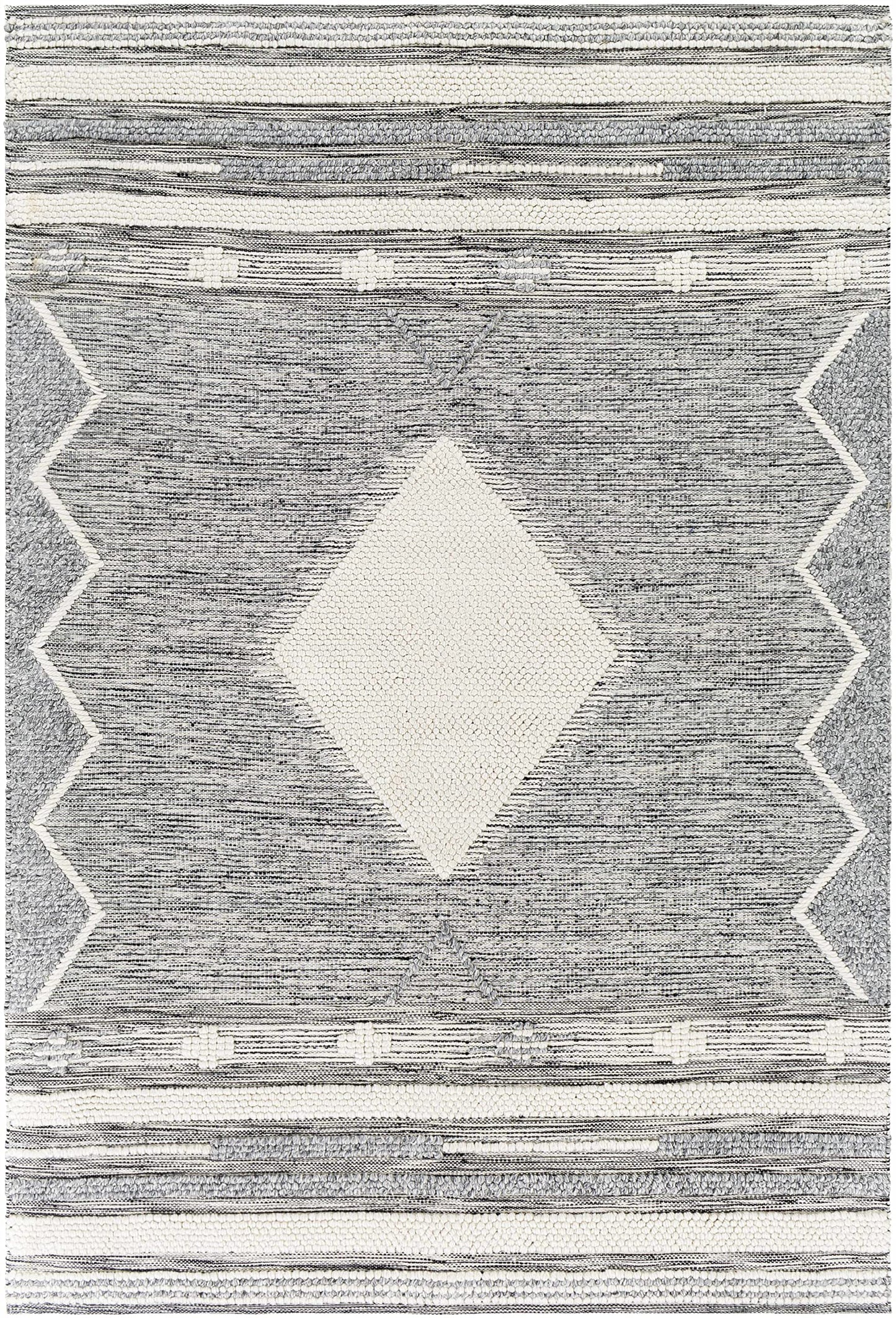Hauteloom McDonald Recycled Material Area Rug - Geometric Diamond Border Striped Medallion - Bohemian Transitional Tribal Southwestern Navajo - Light Slate, Medium Gray, Black, Gray, Cream - 2' x 3'