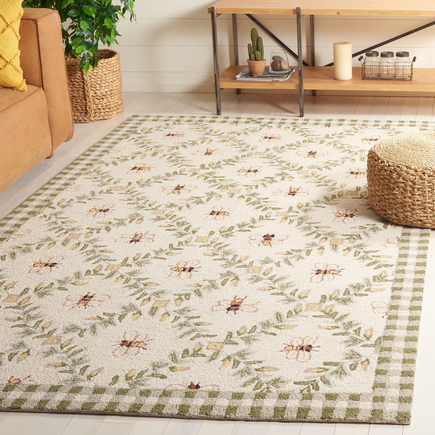 SAFAVIEH Chelsea Collection Area Rug - 6' Square, Ivory & Green, French Country Trellis Design, Hand-Hooked Wool, Ideal for the Living Room, Bedroom, Dining Room (HK55A-6SQ)