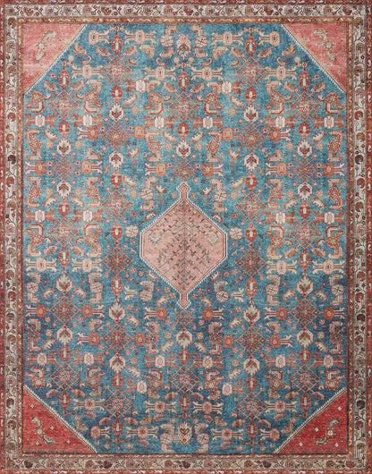 Loloi Layla Collection LAY-10 Marine/Clay 7'-6" x 9'-6" .13" Thick Area Rug, Soft, Durable, Vintage Inspired, Distressed, Low Pile, Non-Shedding, Easy Clean, Printed, Living Room Rug